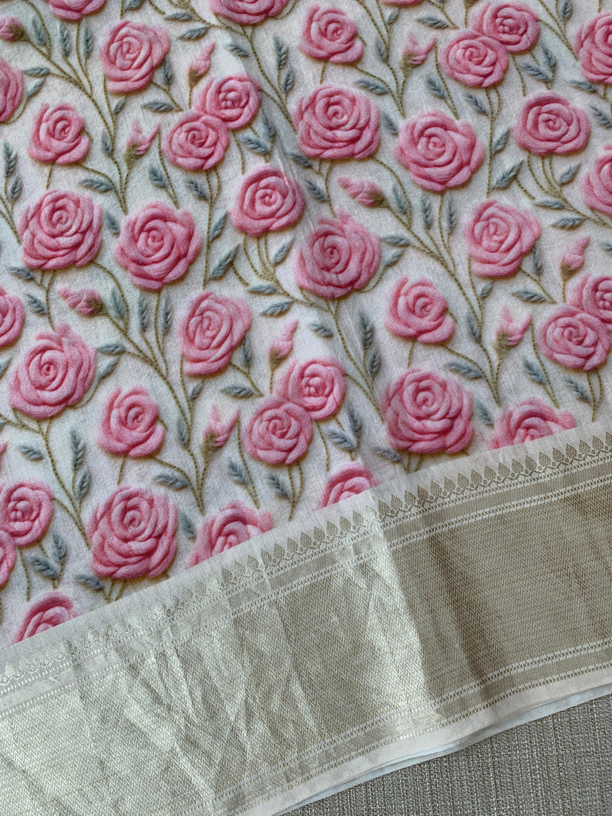 Halfwhite Pure Handloom Chiniya Silk Saree with stunning 3DRose Floral Print and zari borders