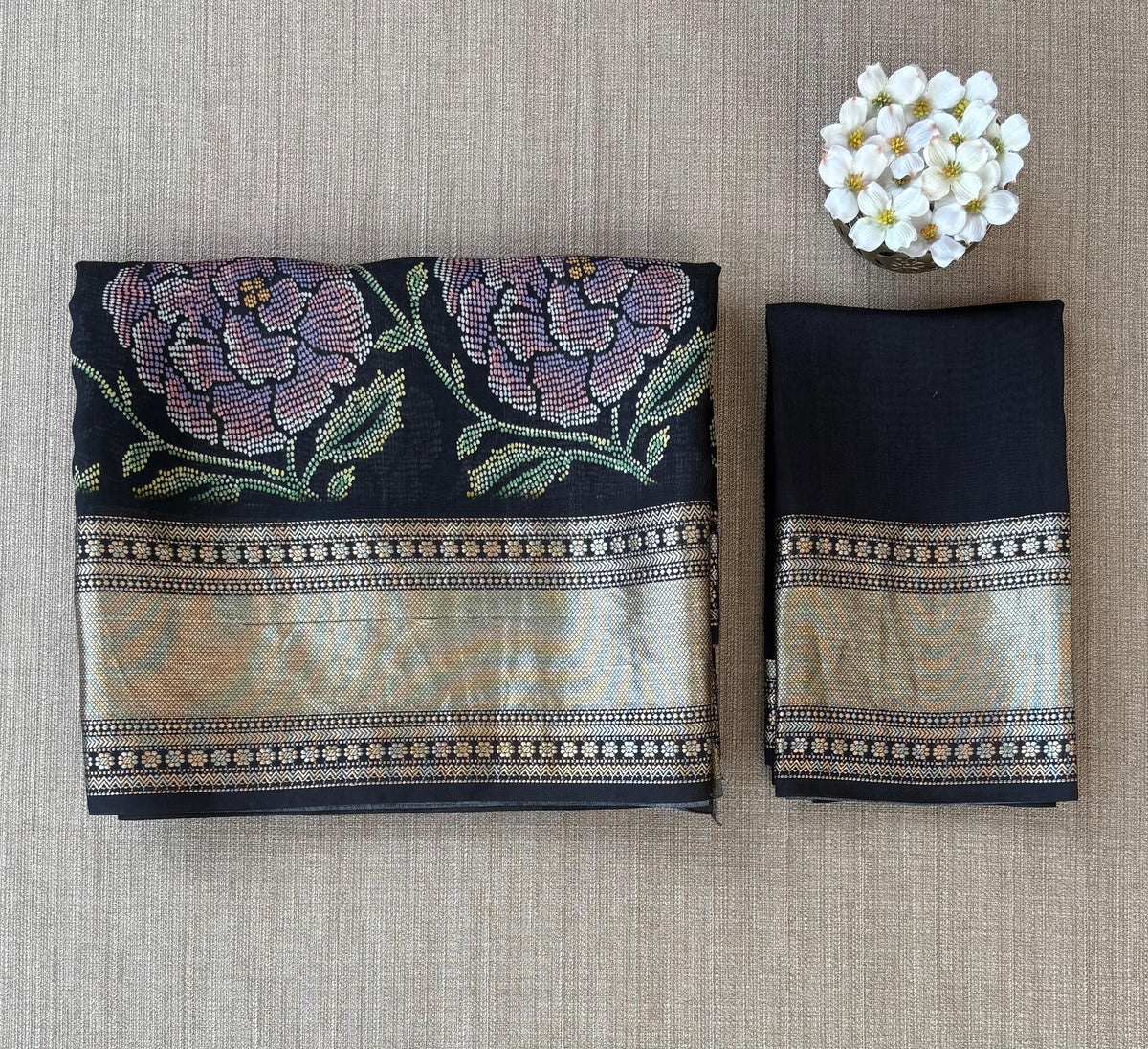 Black Pure Handloom Chiniya Silk Saree with stunning Floral Print and zari borders