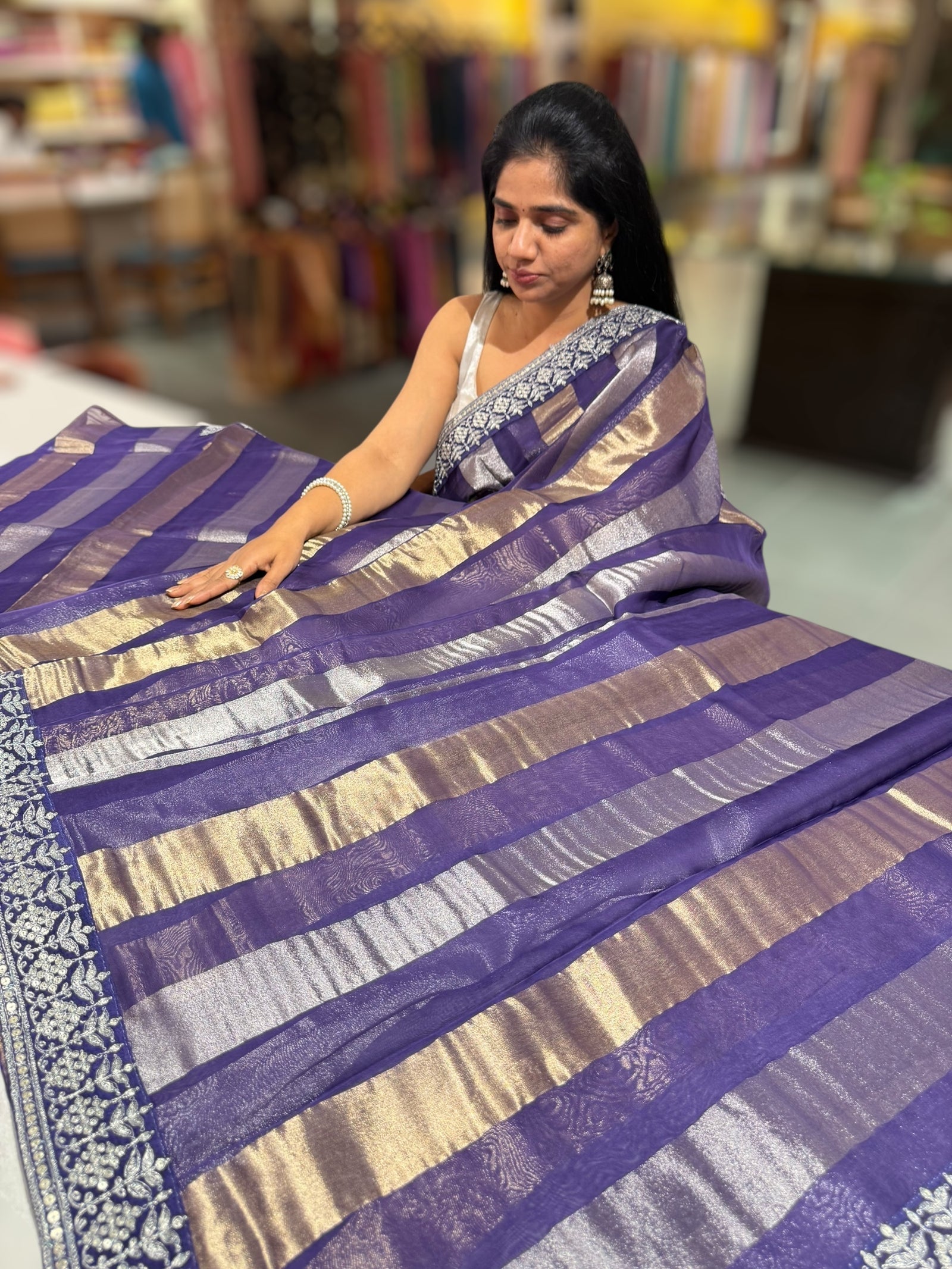 Brinjal Kora tissue stripes saree