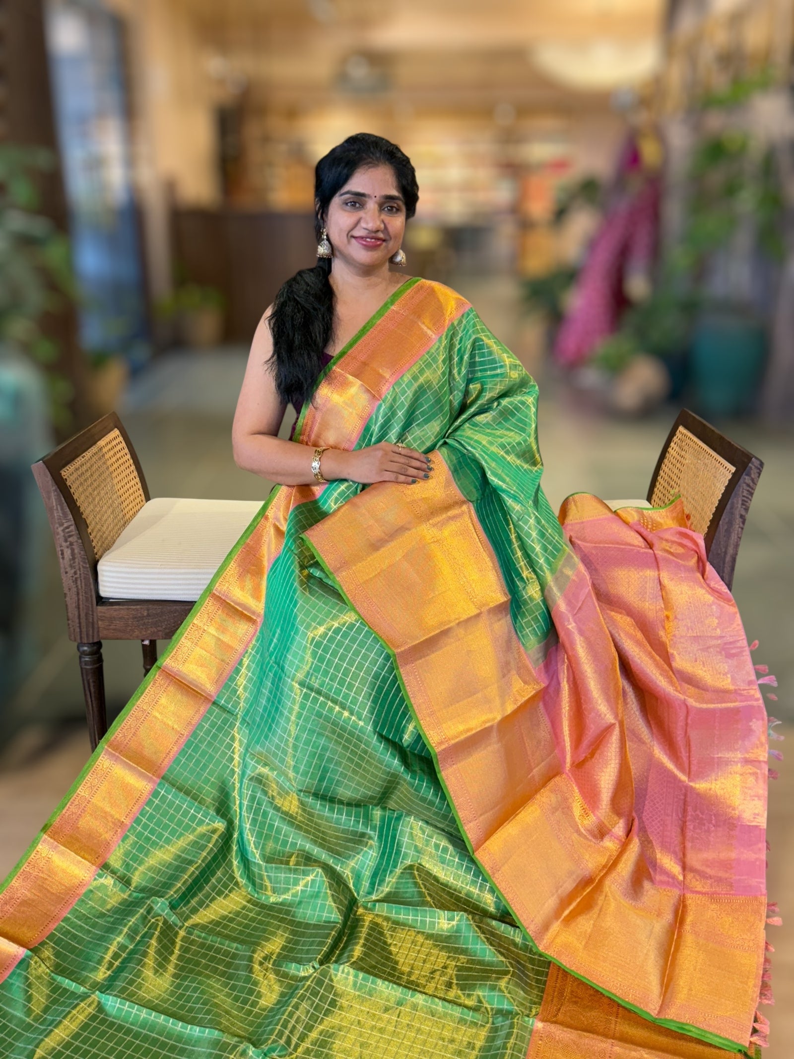 Parrot Green Tissue Vintage Kanjeevaram Saree With Korvai Borders