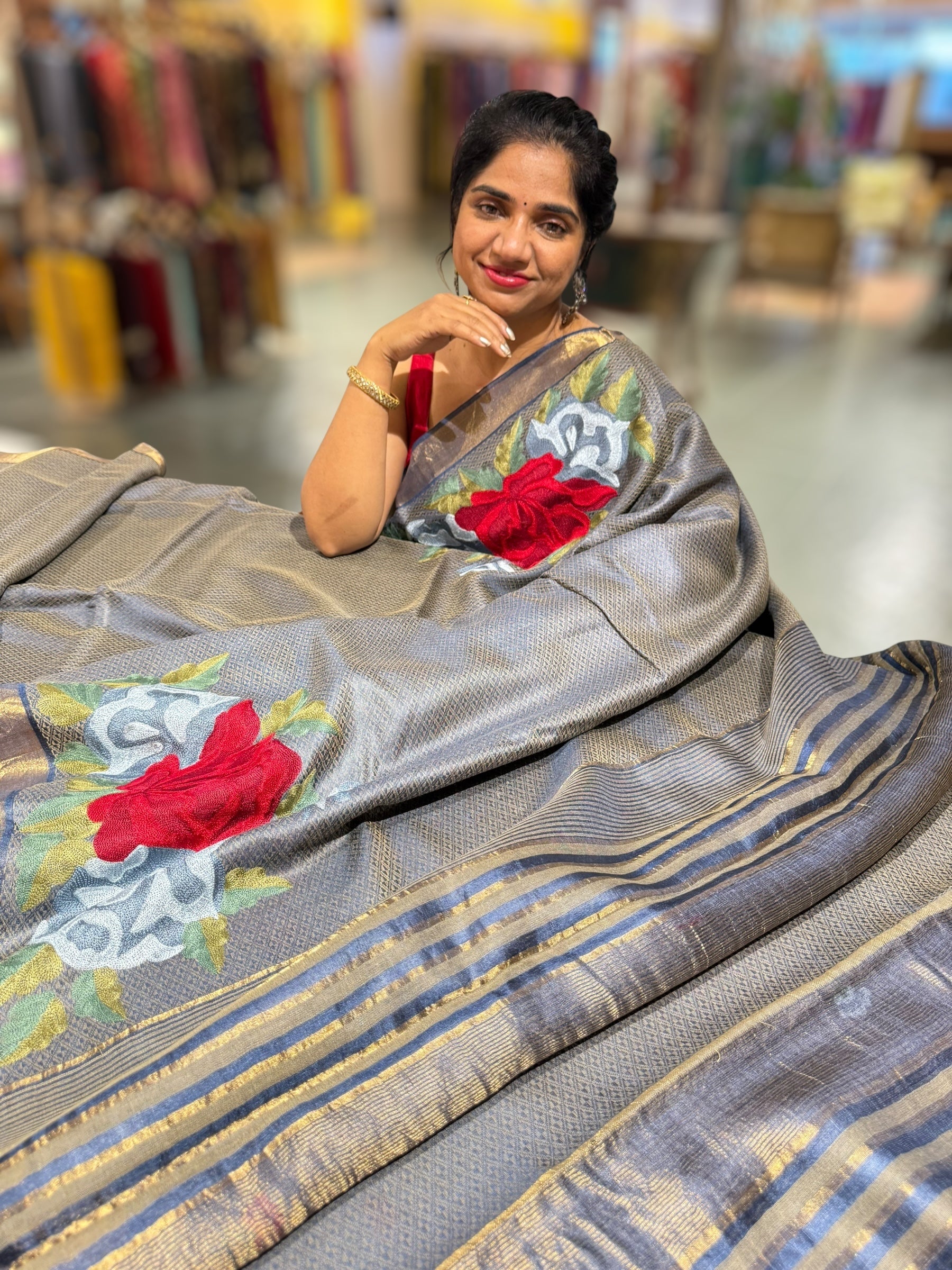 Navy Tussar Brocade Saree With Statement Red Rose Embroidery.