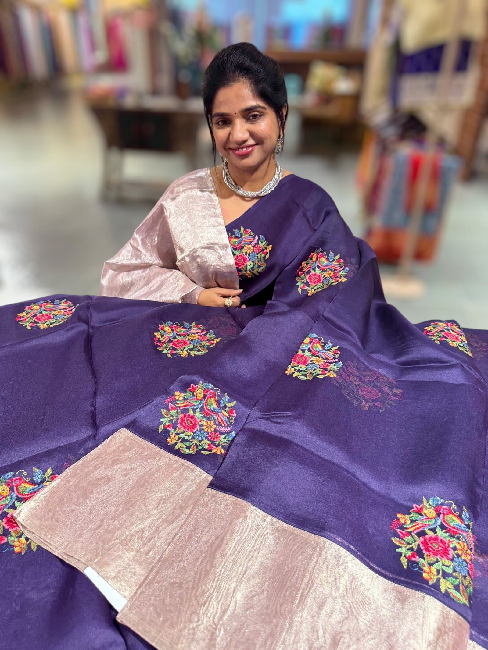 Violet Organza Saree with pure Tissue Border