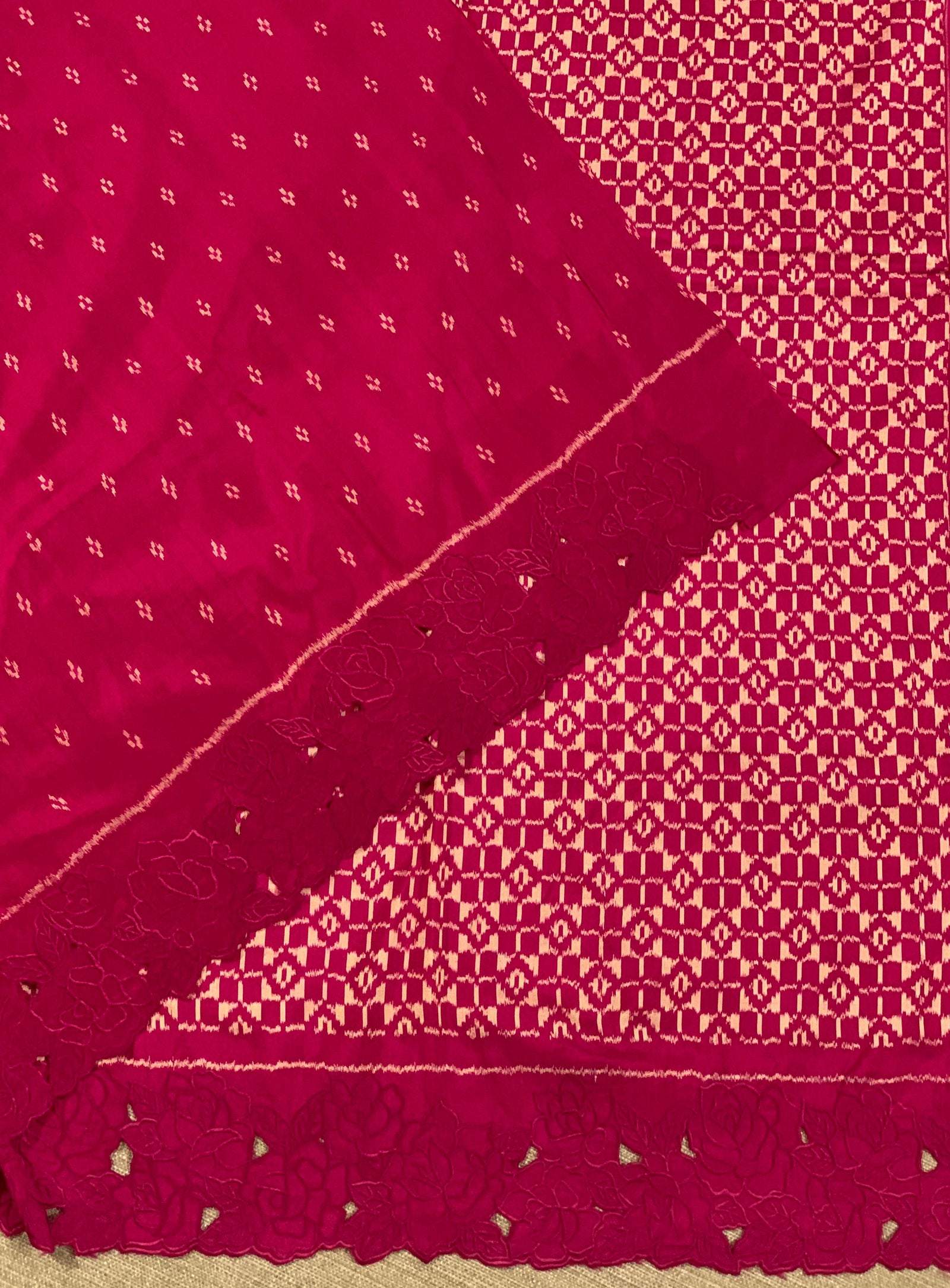 Beetroot Pink Cambodian–inspired Ikkat Silk Saree with cutwork Rose Border