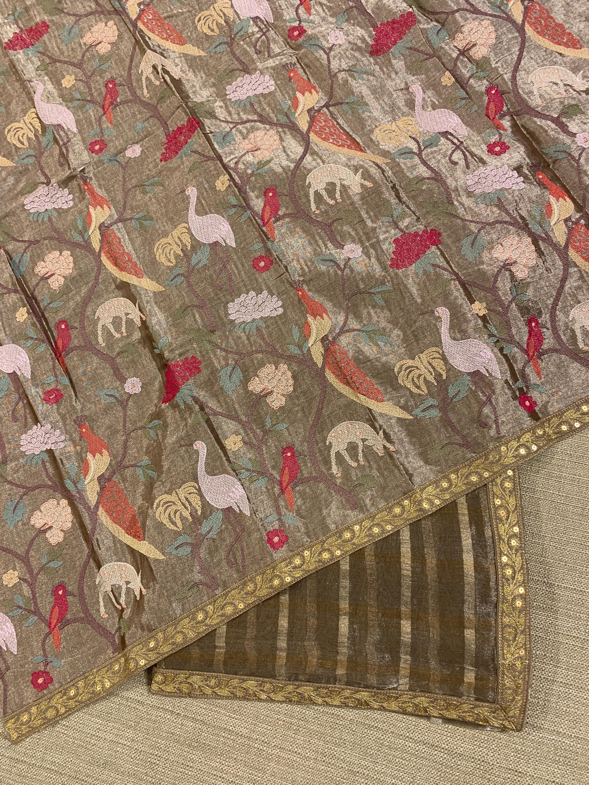 Antique Brown Banarasi Tissue checks Saree with Sabyasachi Borders