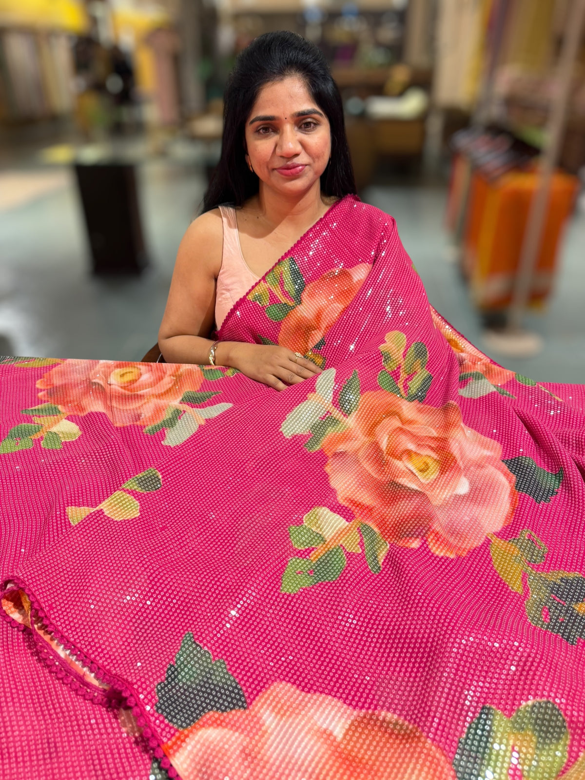 Dark Pink georgette sequence saree with statement floral print
