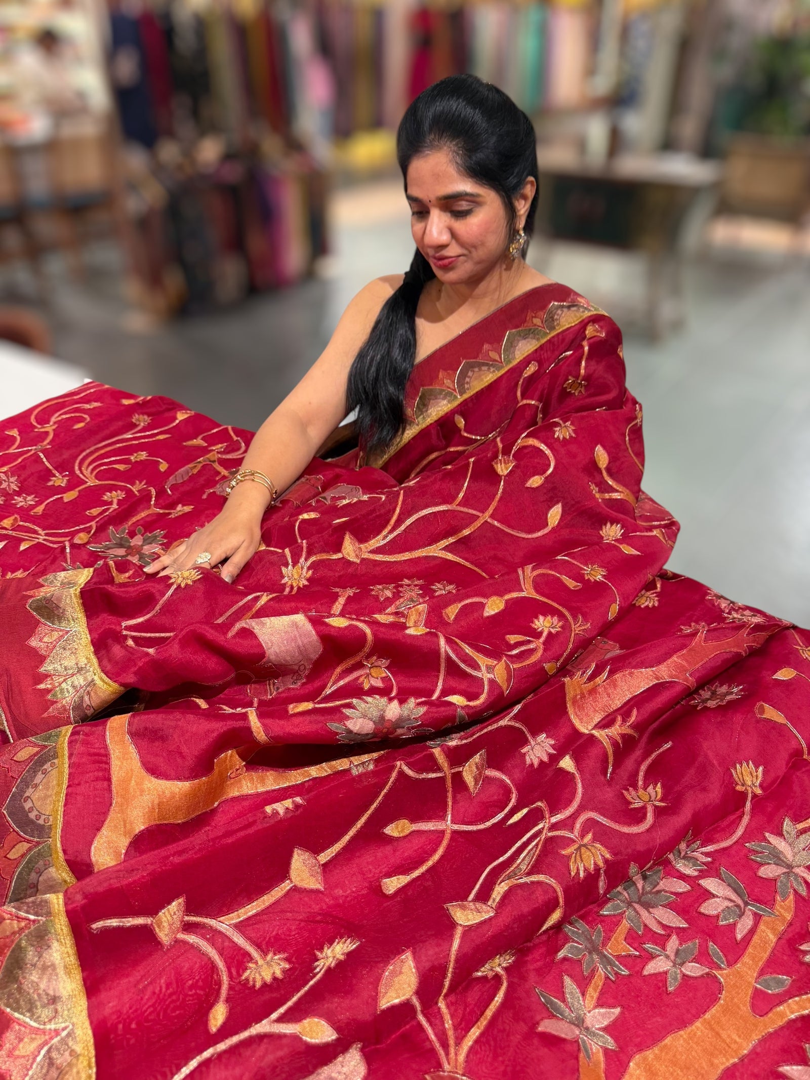 Dark Red Designer Organza Saree with Stunning Tissue Applique work Saree with Village theme