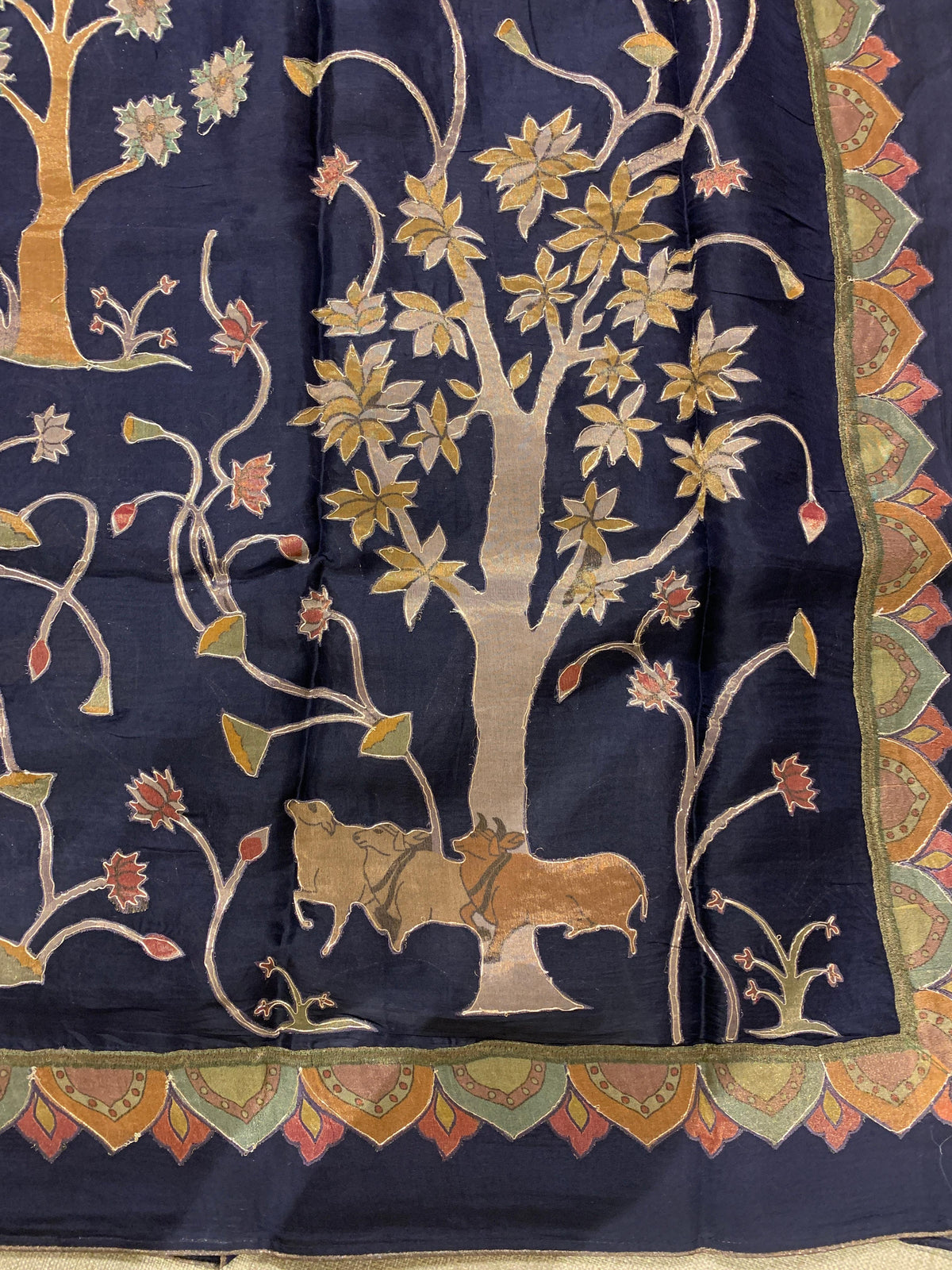 Midnight Blue Designer Organza Saree with Stunning Tissue Applique work Saree with Village theme