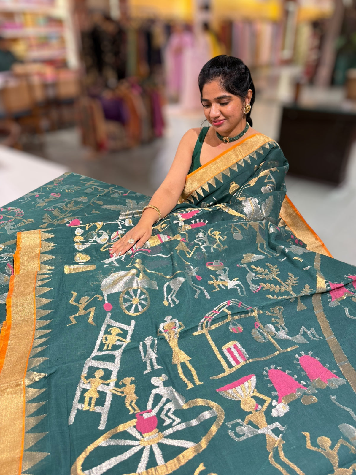 Forest Green Ponduru Khadi Jamdani Allover Weaving Saree with village Theme