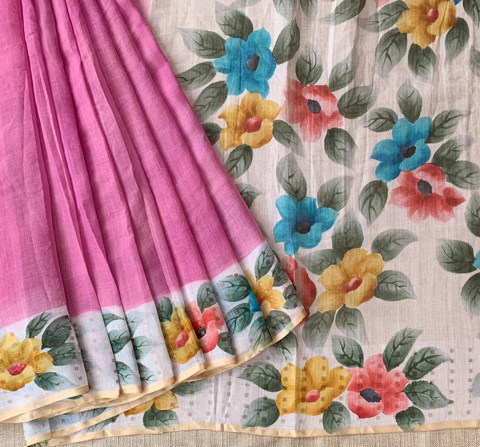 Rose Pink Tussar Kota Tissue Saree with Handpainted Muslin Border and Pallu