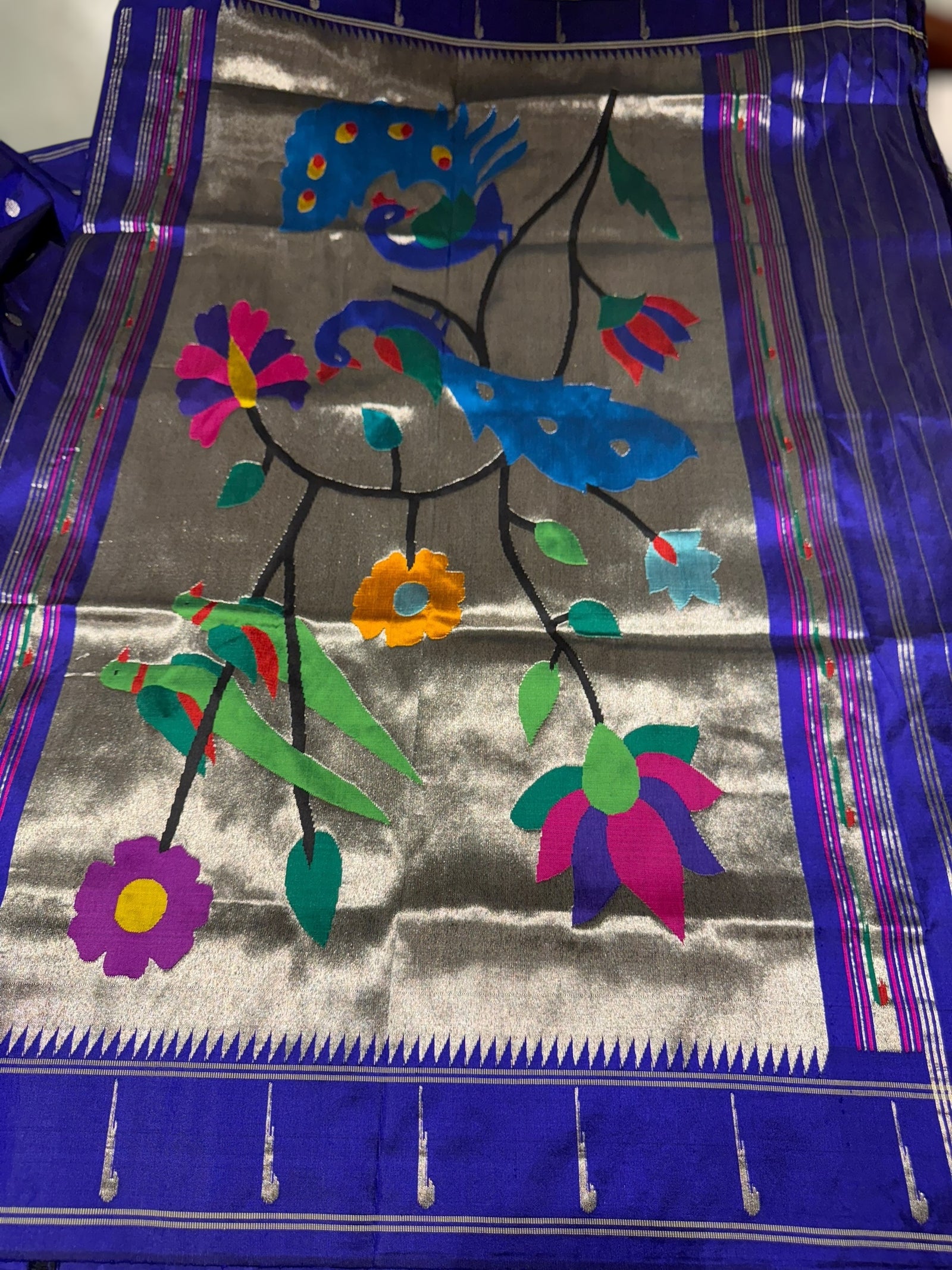 Purplish BluePure handloom paithani silk saree with single muniya border