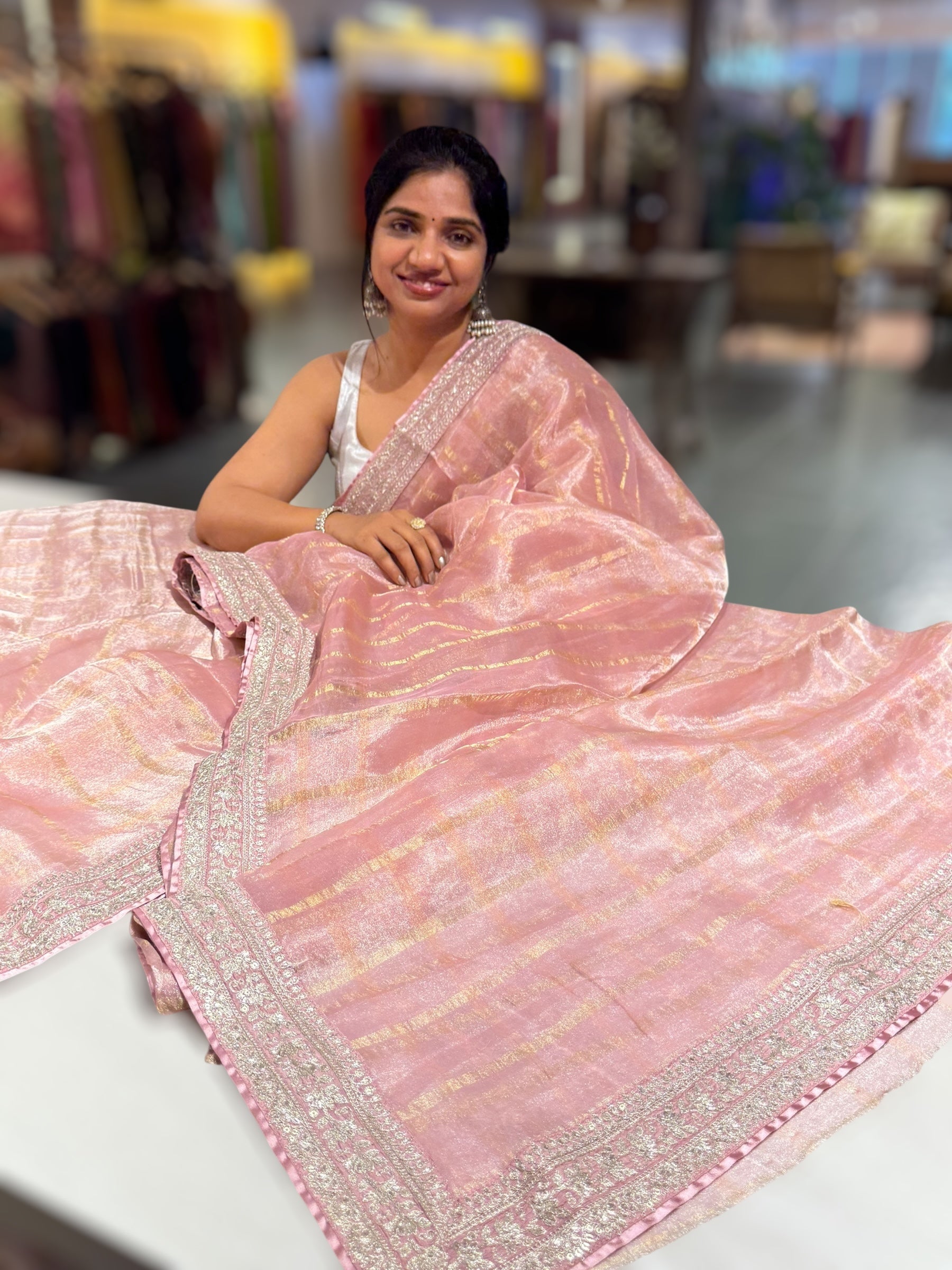 Pastel Pink Banarasi Tissue checks Saree with Sabyasachi Borders