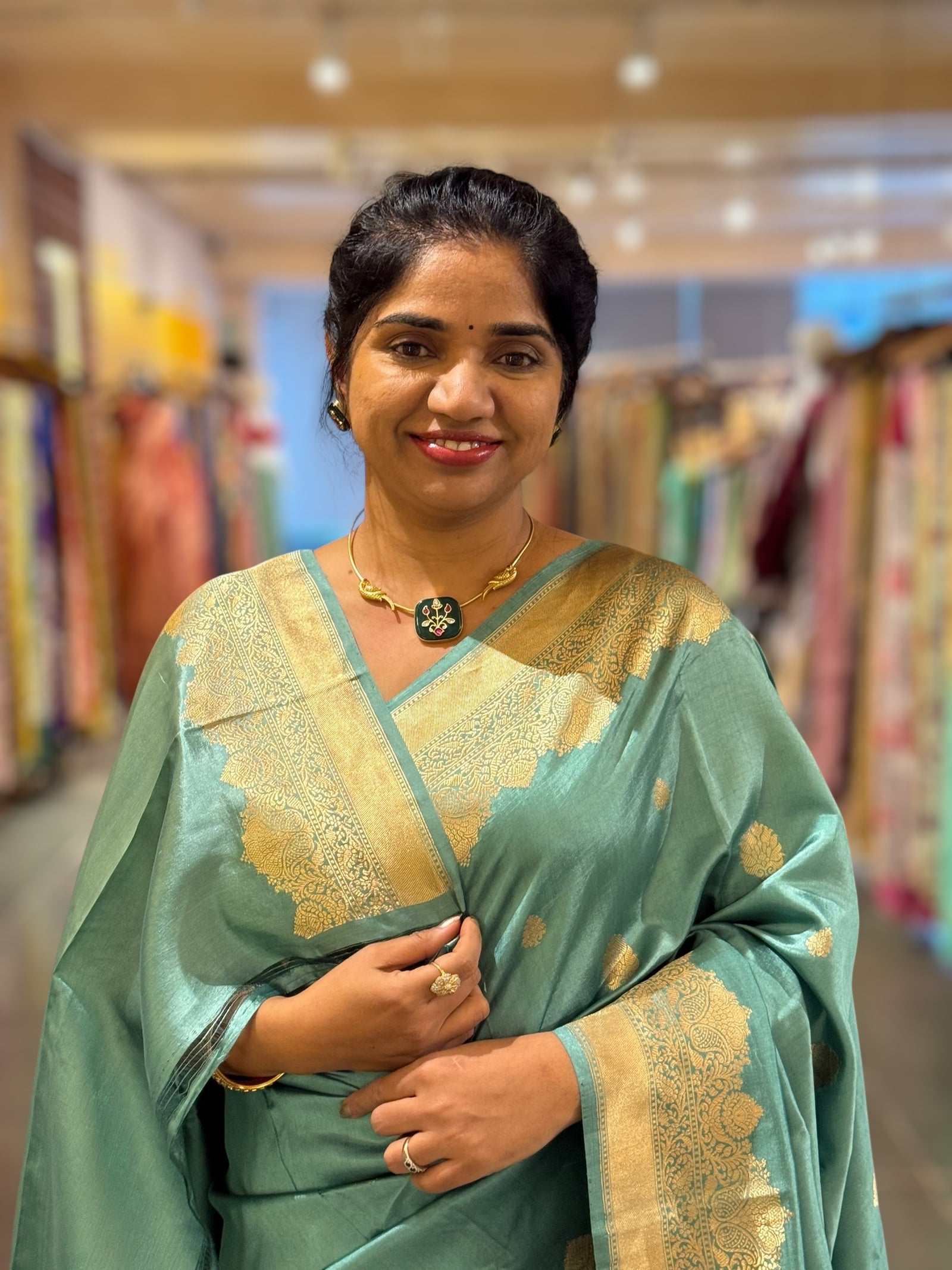 Dusty Blue Poona Silk Saree with double borders