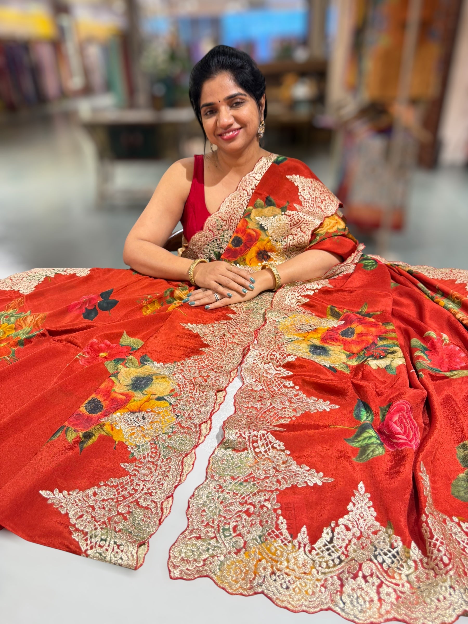 Red Crepe Printed Saree with Chanitlly Lace style Embroidery