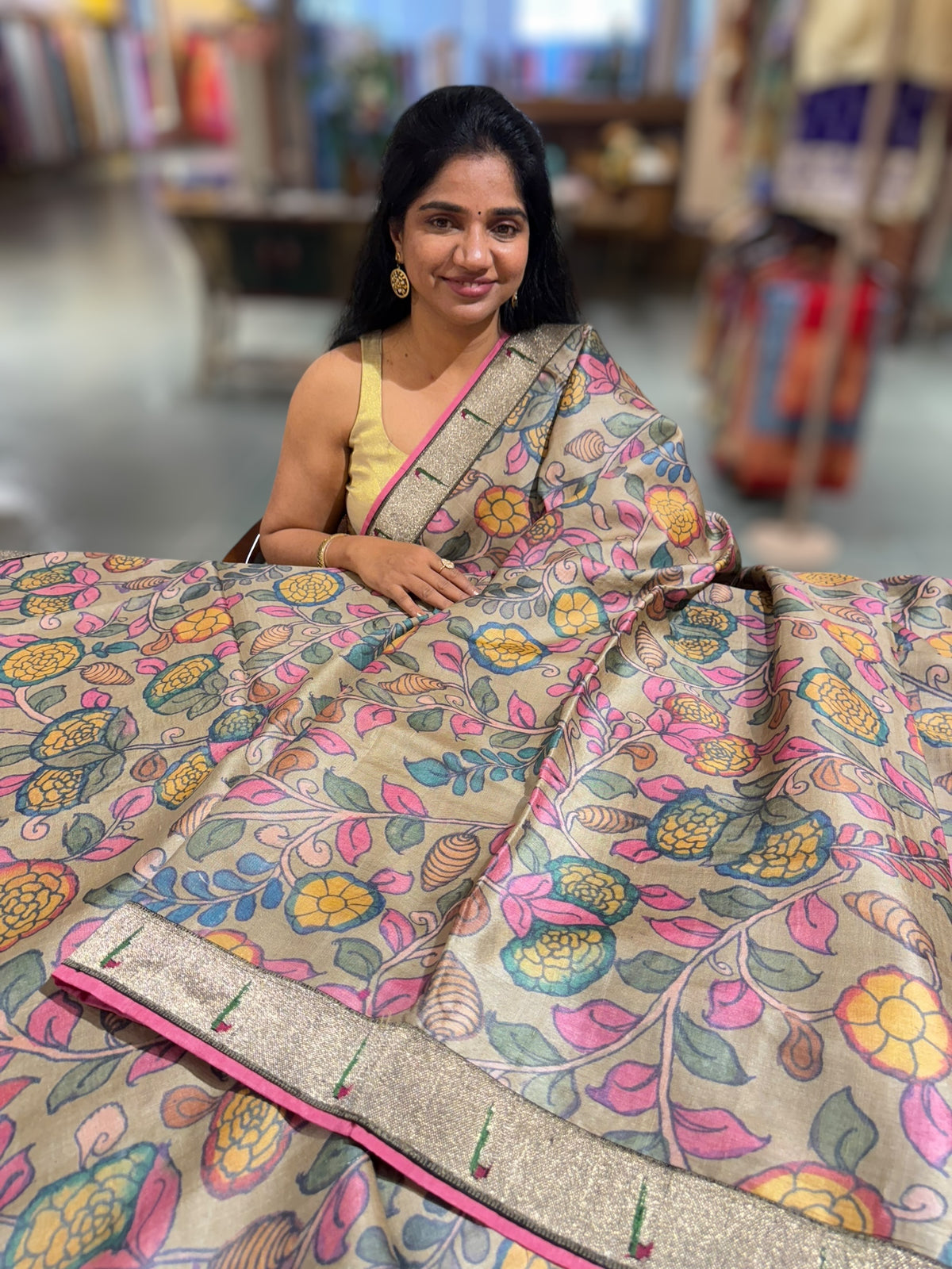 Pure Handloom Tussar kalamkari Saree with pythani single muniya borders