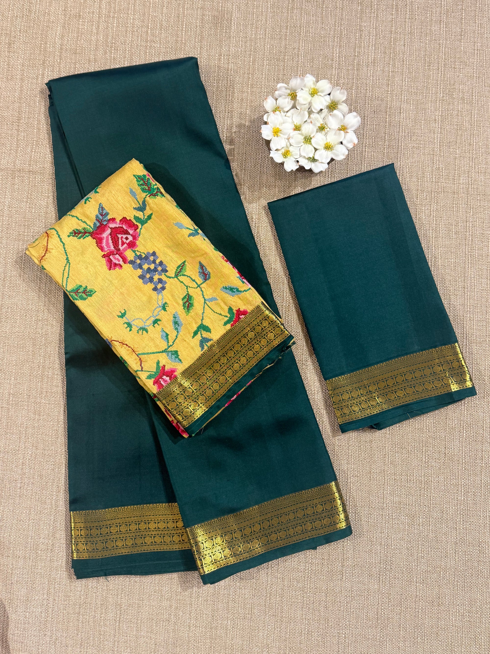 Bottle Green Kanchi Vintage Saree with Petite Point Embroidered Blouse