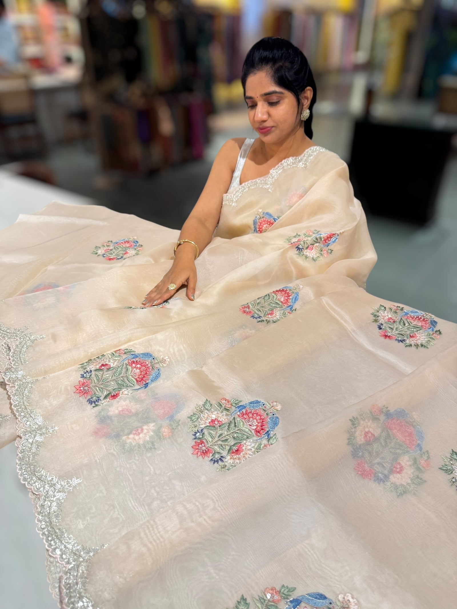 Nude Pink pure Organza handwork saree