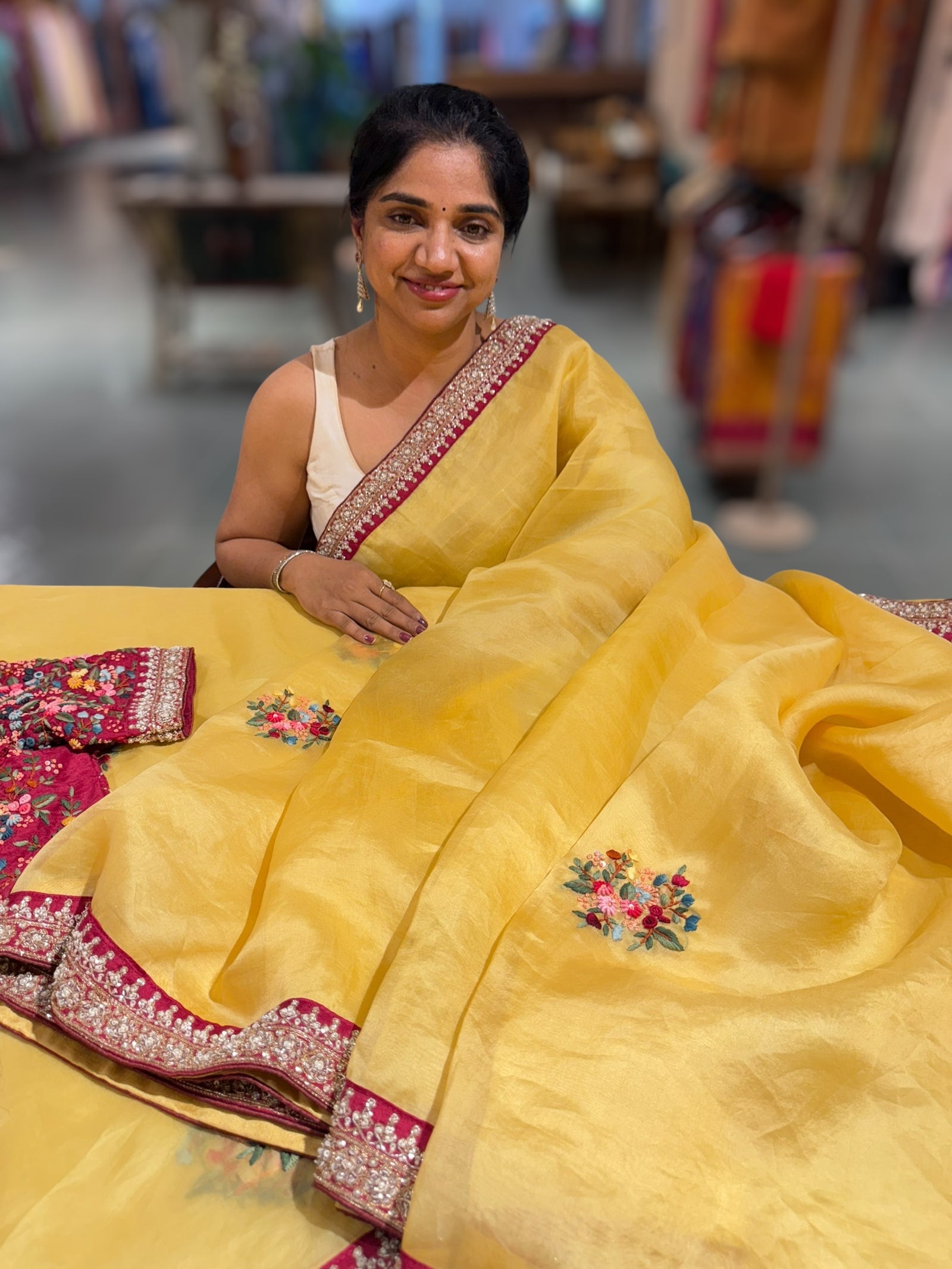 Yellow Organza heavy handwork saree with ready to wear blouse