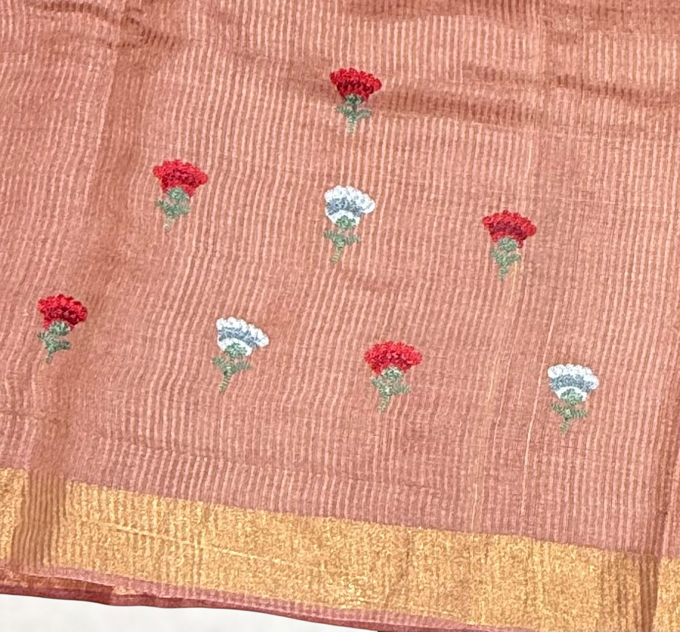 Rust Tussar Brocade Saree With Statement Red Rose Embroidery.