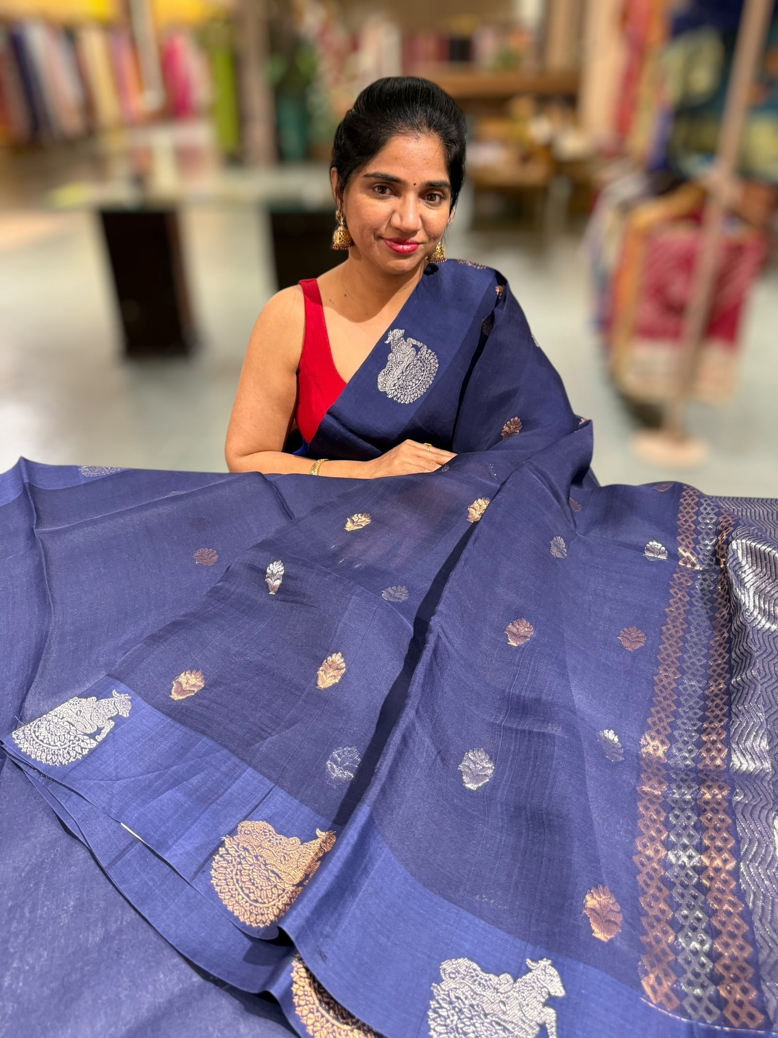 Midnight Blue  kora muslin sarees with kaduwa woven nandi motif border