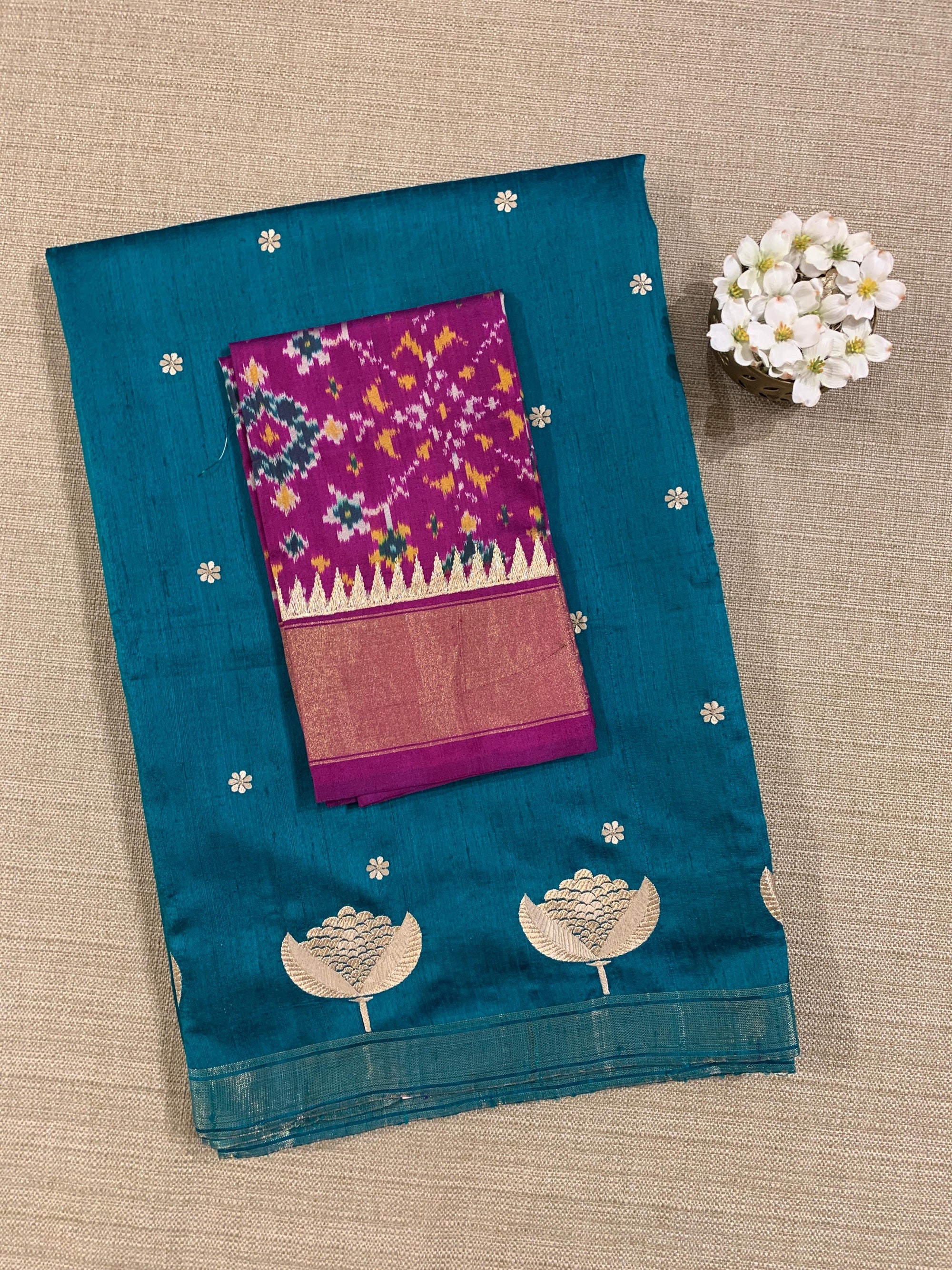 Peacock Blue Pure Handloom Raw Silk Saree