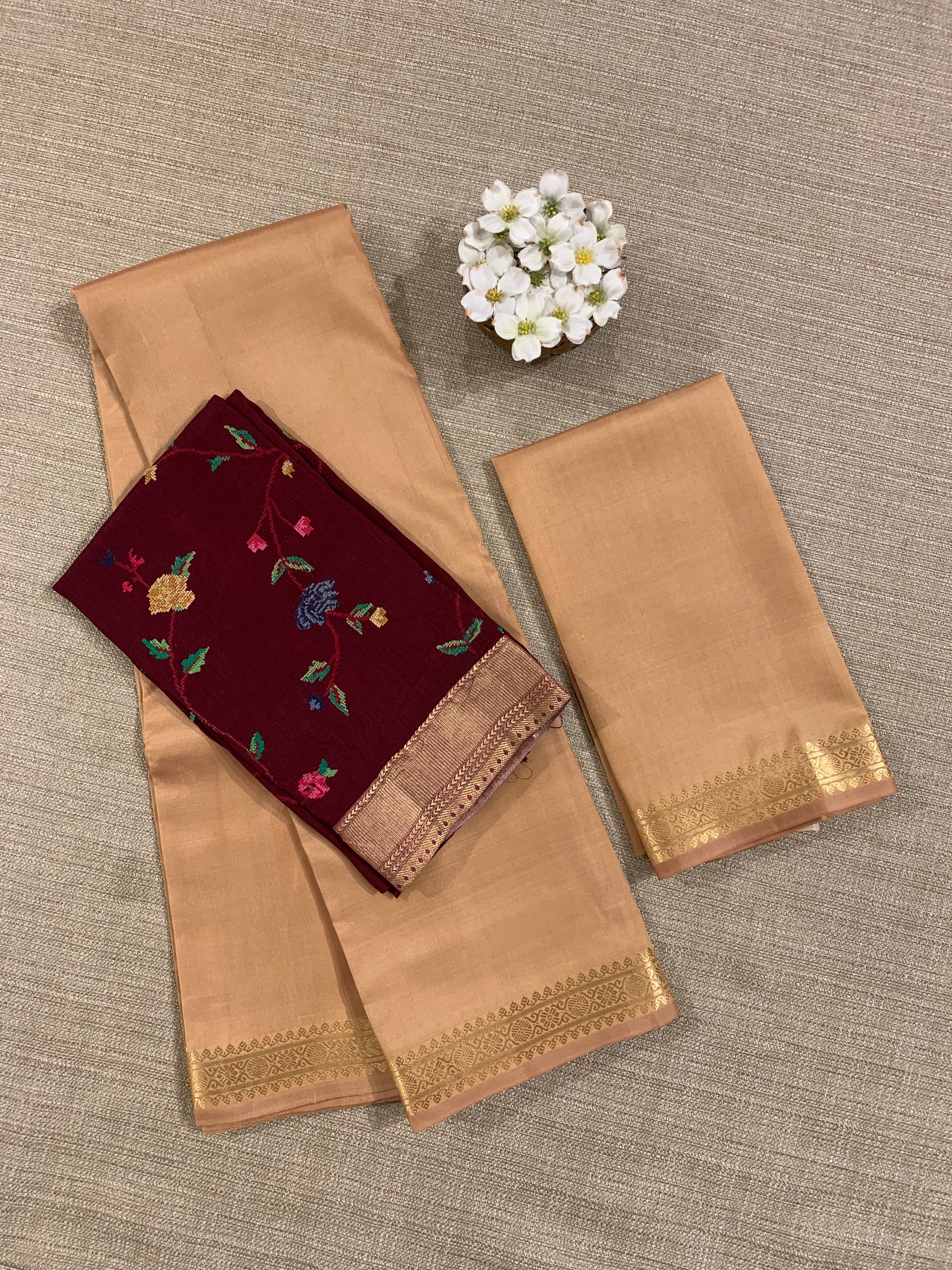 Beige Kanchi Vintage Saree with Petite Point Embroidered Blouse