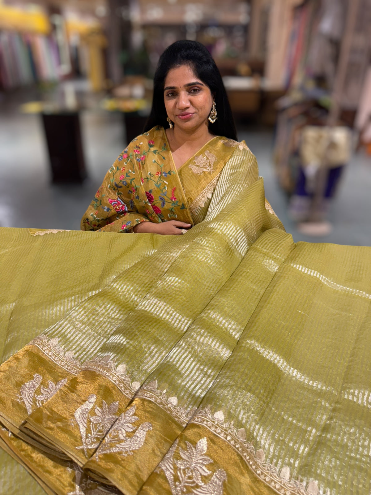 Lime Green Kora tissue stripes Saree with embroidery