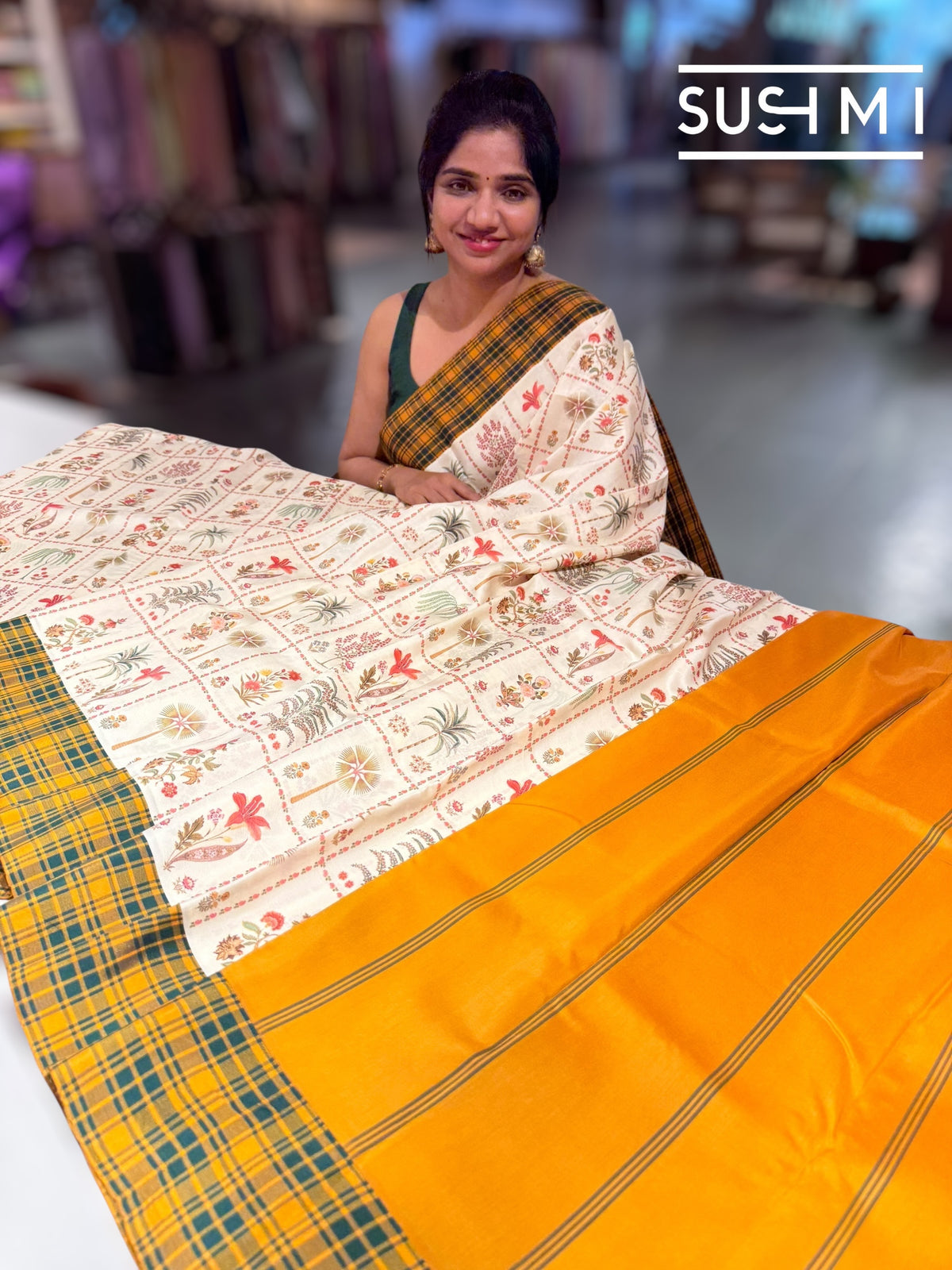 Ivory printed soft silk saree with burberry checks border : D62F034