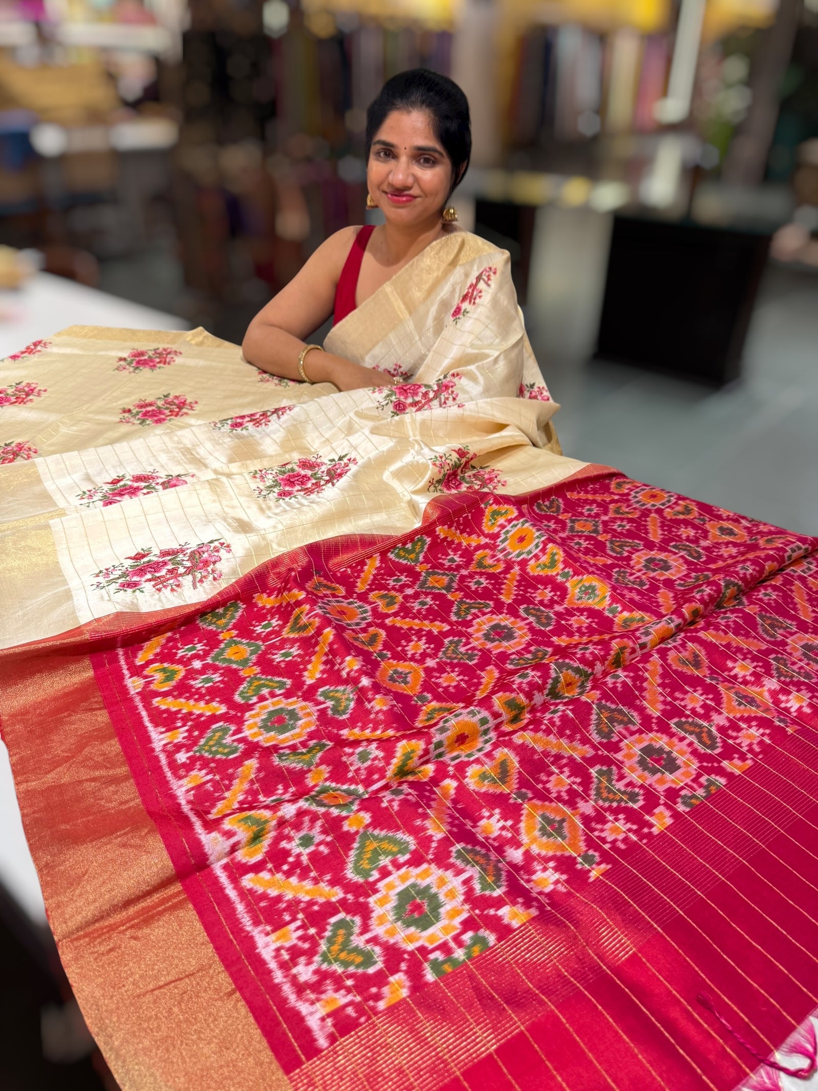 Ivory kanchi vintage checks soft silk saree with petite point embroidery