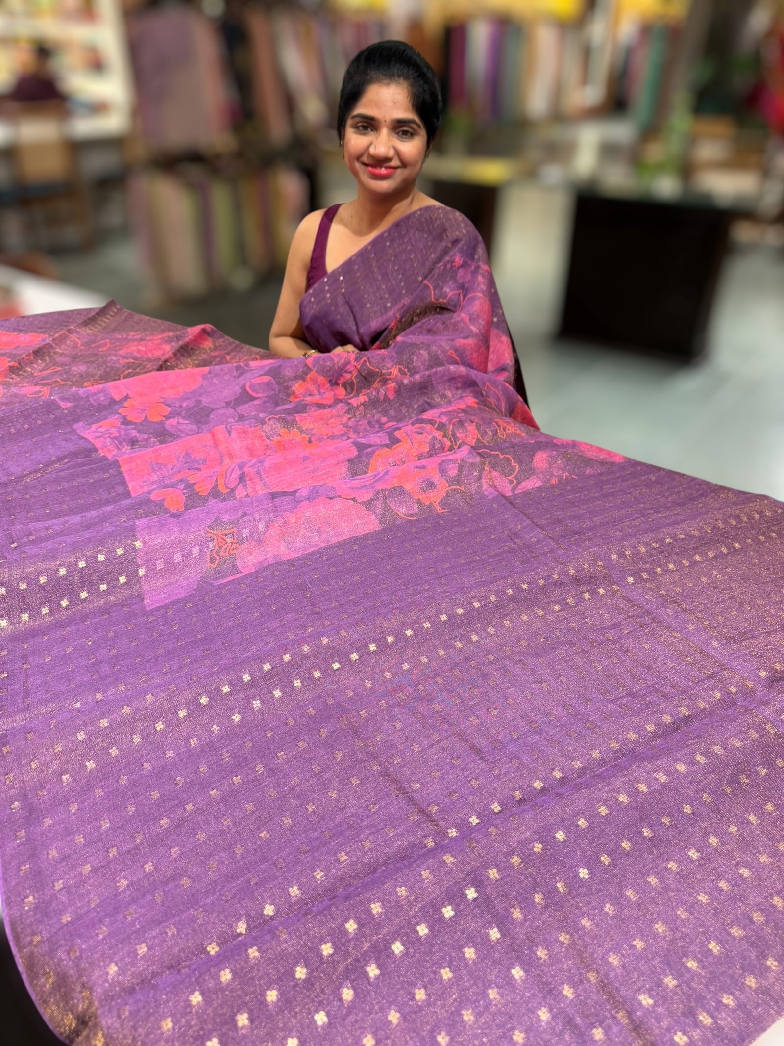 Wine Printed Tussar Tissue Saree