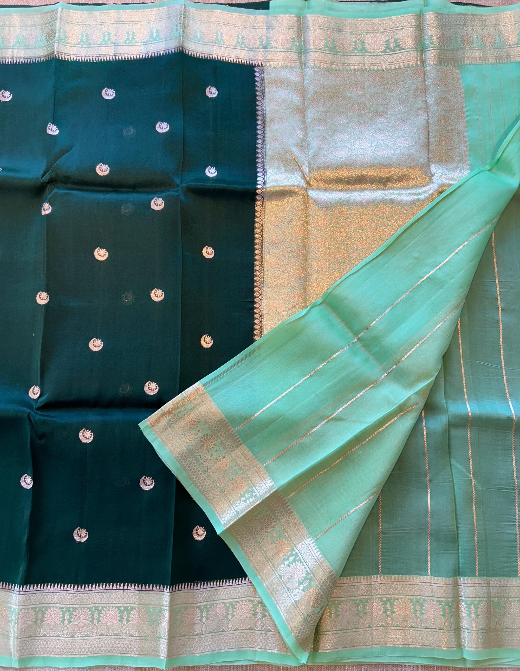 Bottle Green & Sea Green Combo Pure Handloom premium Kora Banarasi Saree