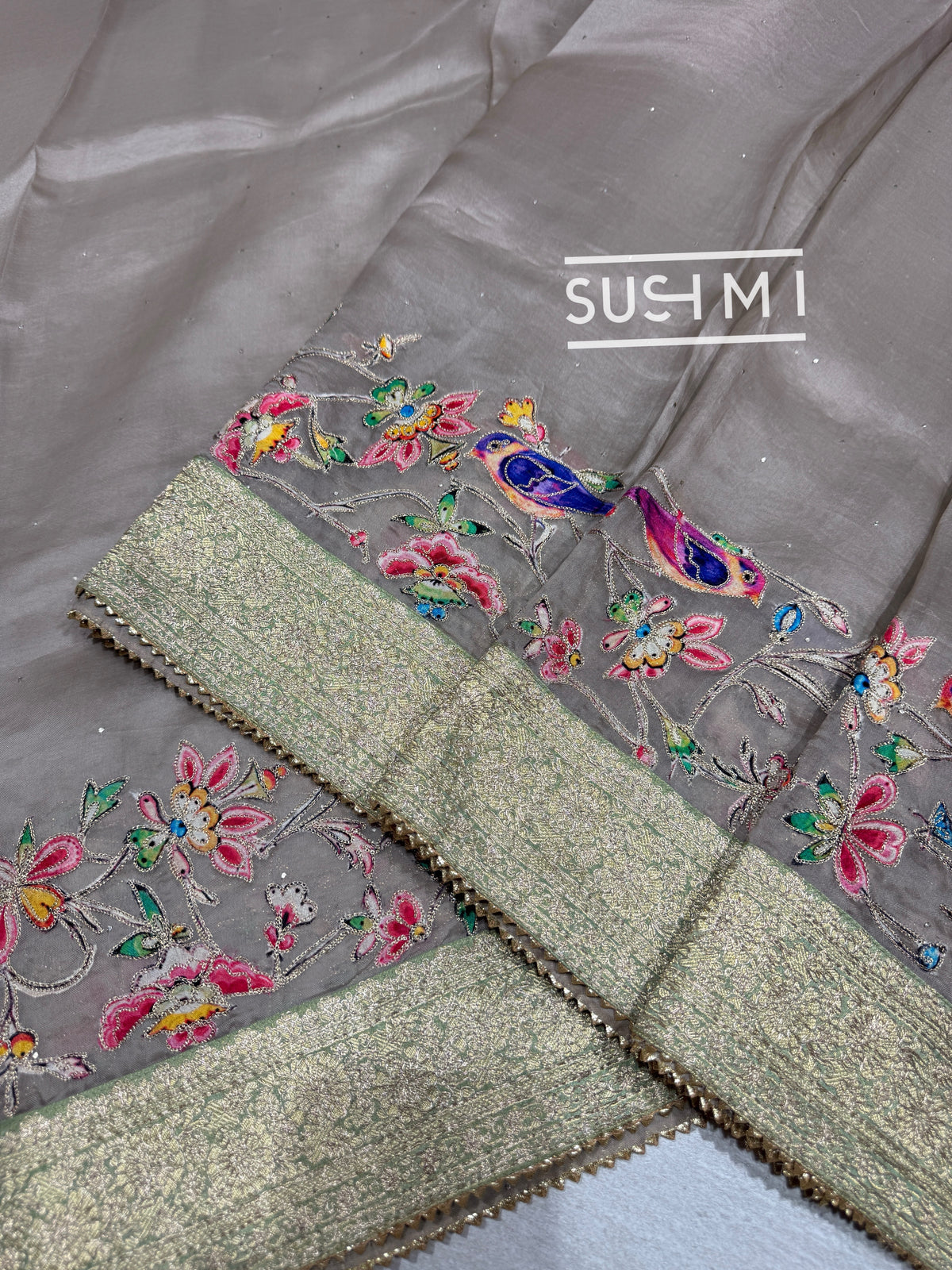 Muted Earthy Dove tone Organza Banarasi Fusion Saree with Bird Appliqué : SM022