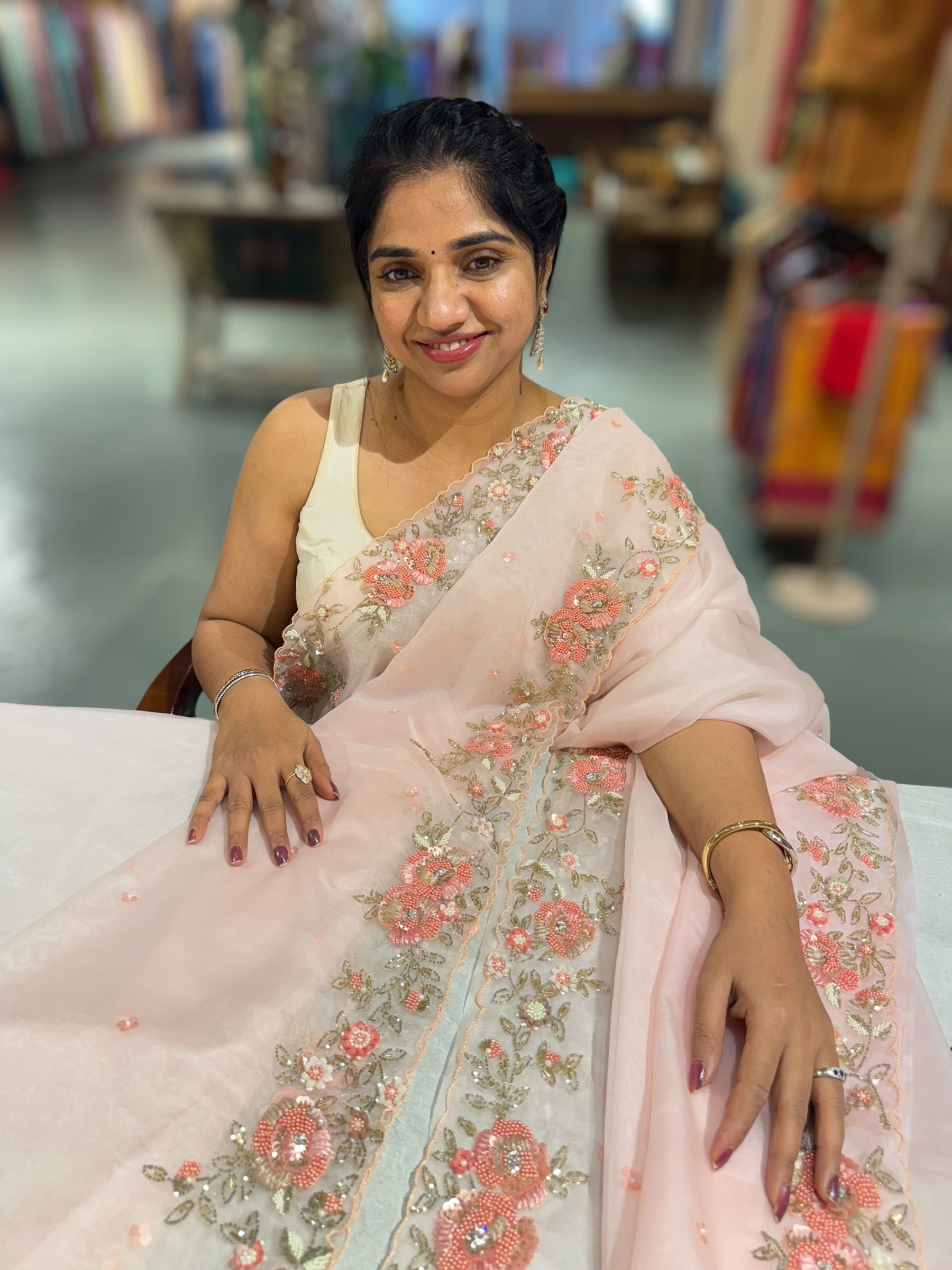 Pink Organza handwork saree with ready to wear blouse