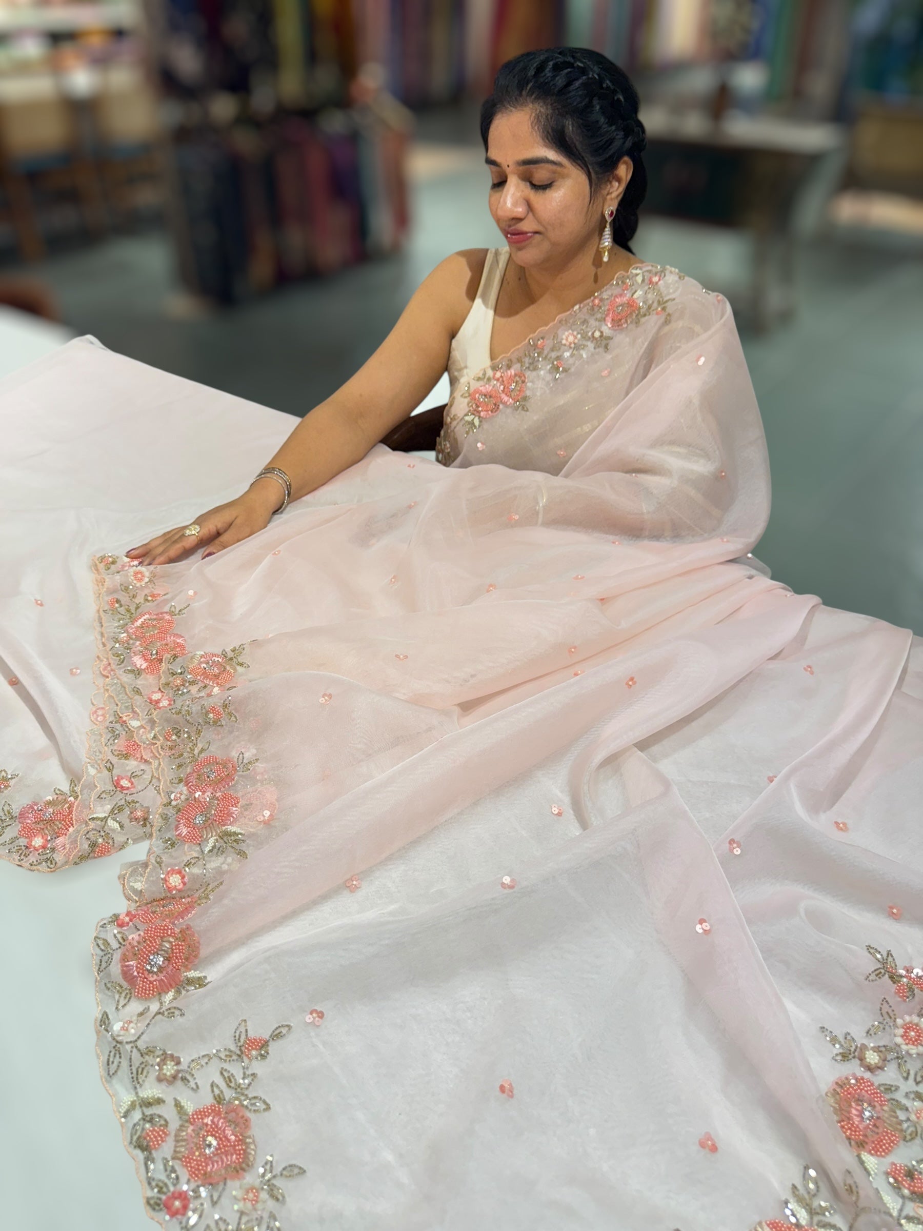 Pink Organza handwork saree with ready to wear blouse