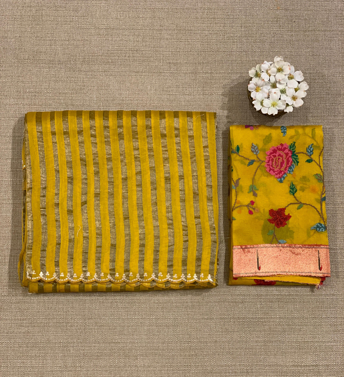 Mango Yellow Mul tissue stripes saree with fusion blouse : D62135