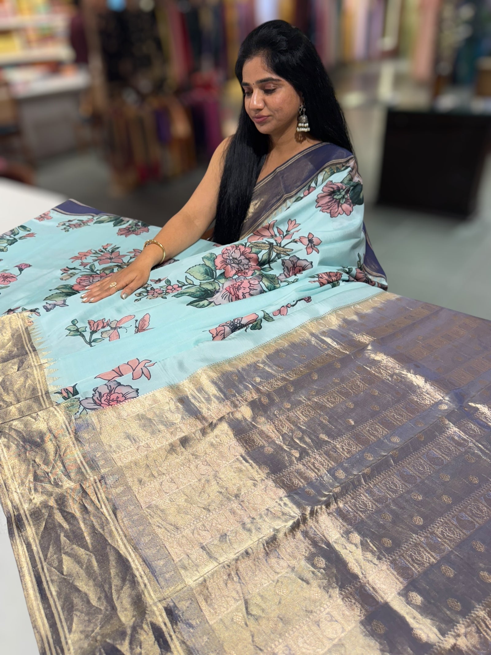 Baby Blue Kanjeevaram Designer print saree