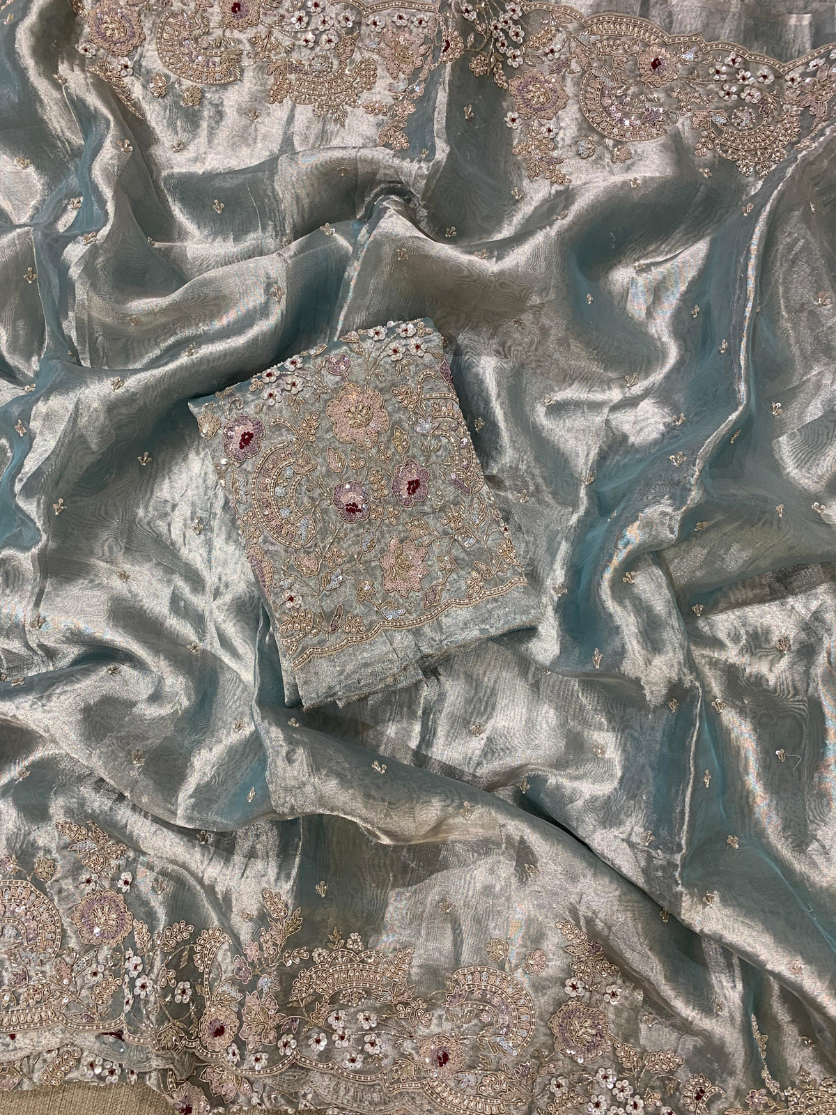 Pastel Blue tissue saree with heavy handwork