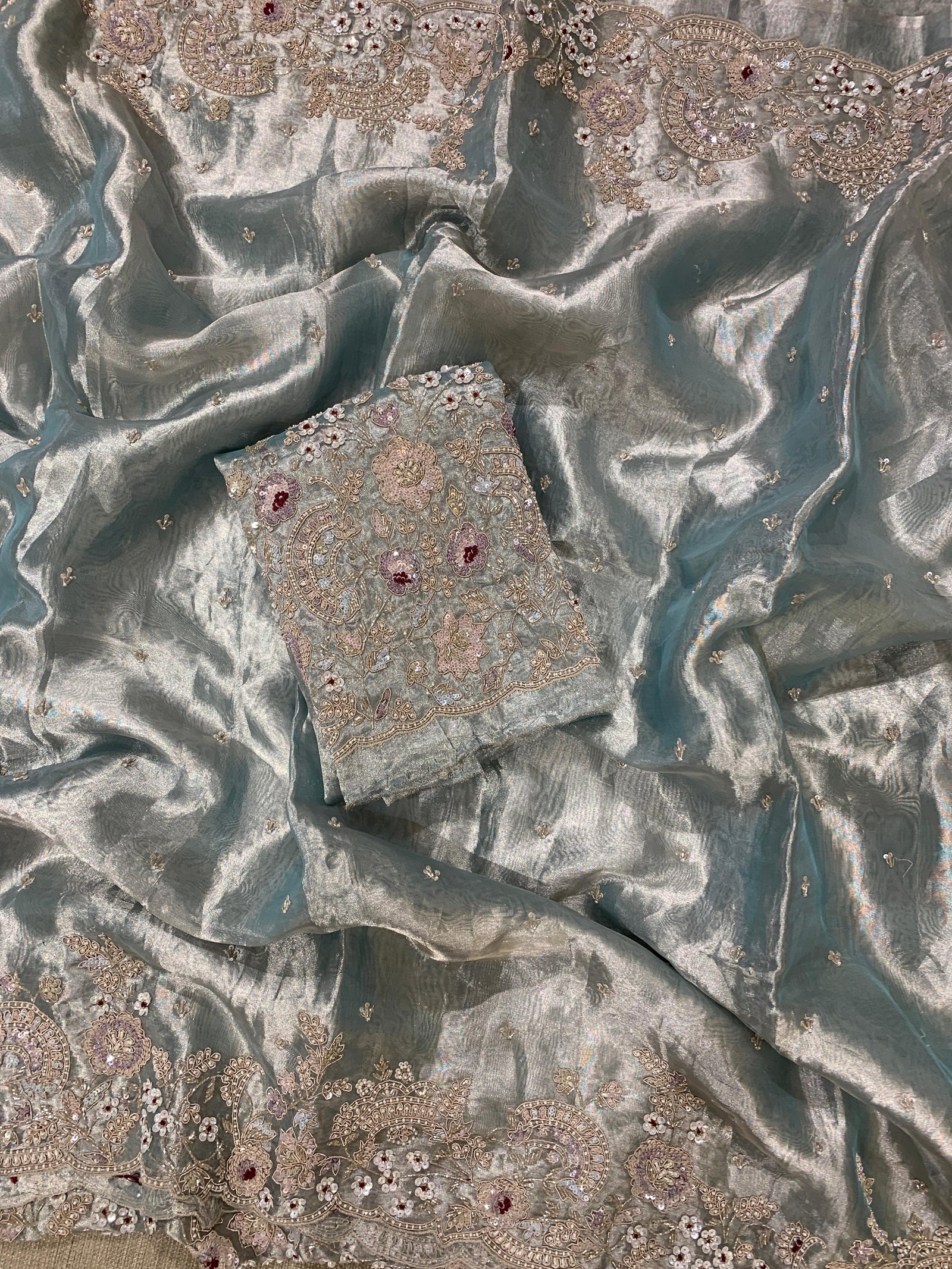 Pastel Blue tissue saree with heavy handwork