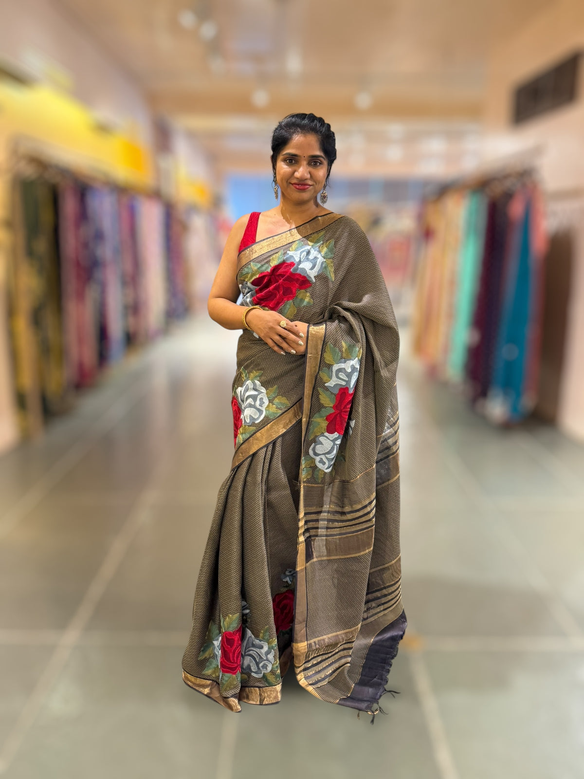 Elephant Grey Tussar Brocade Saree With Statement Red Rose Embroidery.