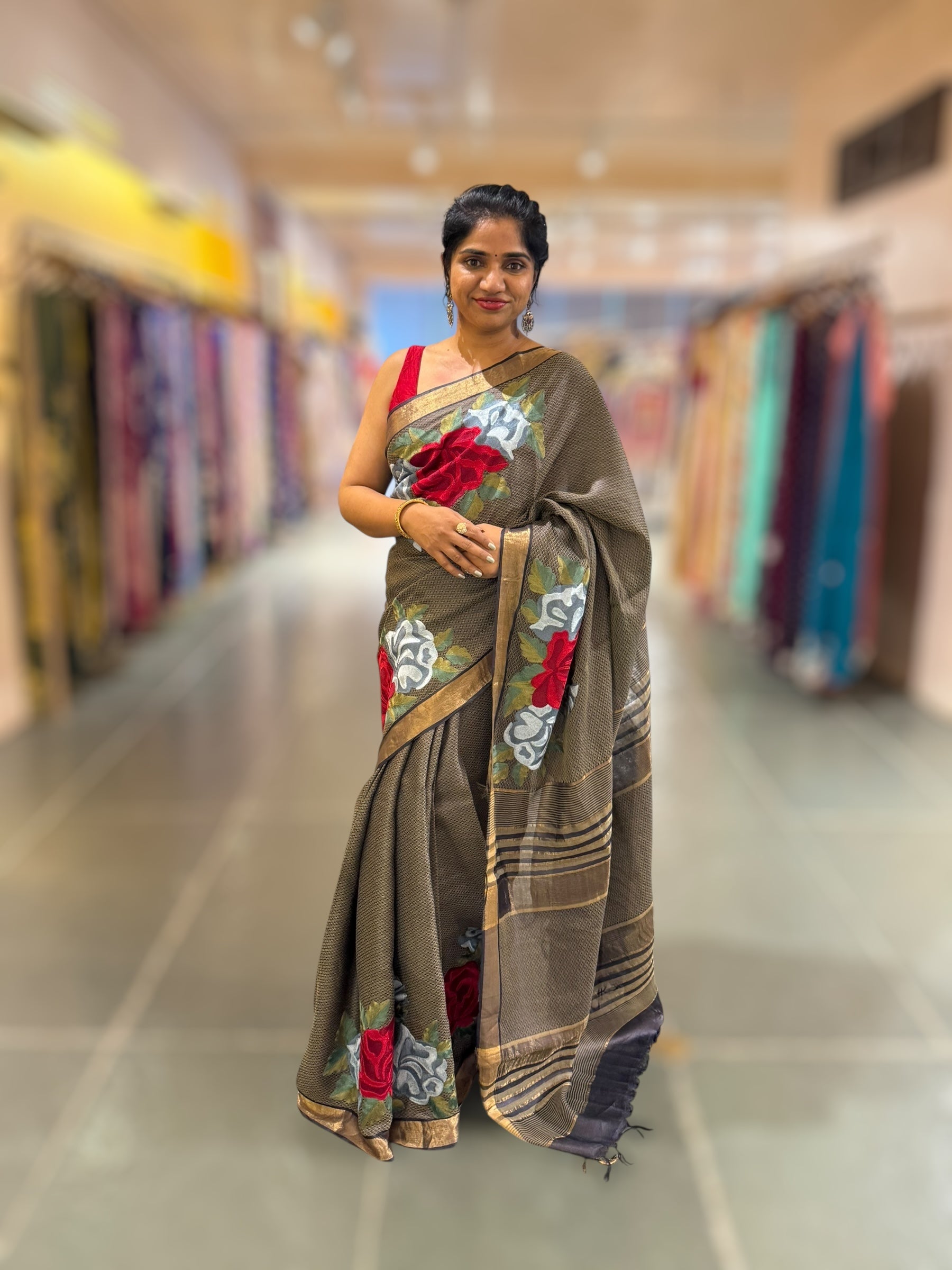 Elephant Grey Tussar Brocade Saree With Statement Red Rose Embroidery.