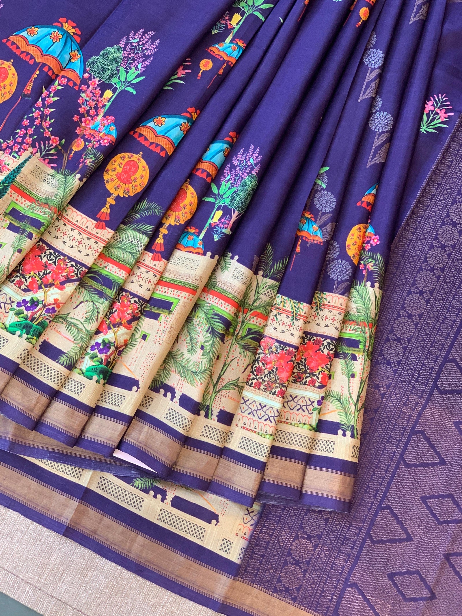 Brinjal Kanchi Soft Silk with beautiful Floral Print