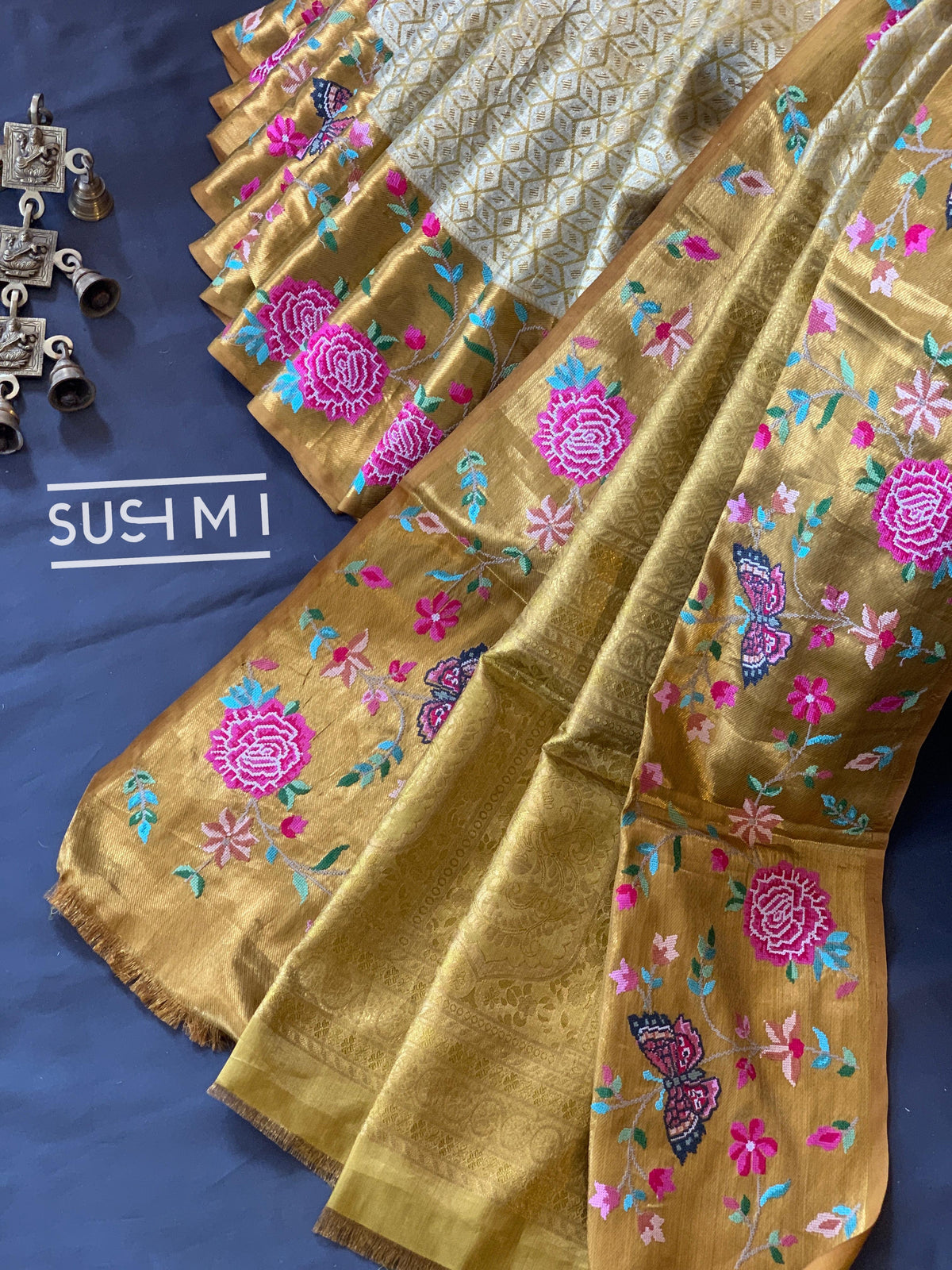 Gold Kanjeevaram Tissue Sareewith petite point embroidery : S62F085