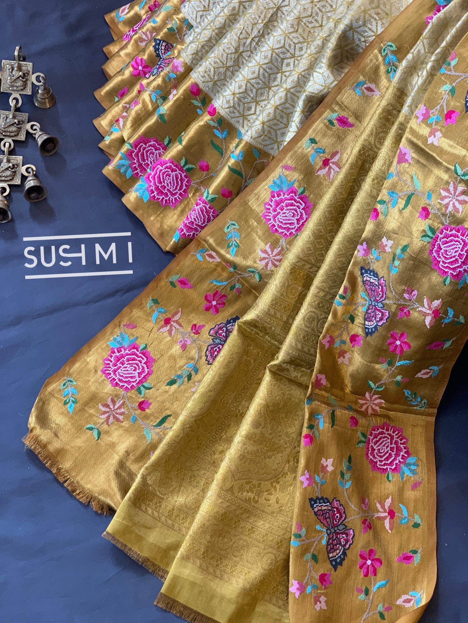 Gold Kanjeevaram Tissue Sareewith petite point embroidery : S62F085