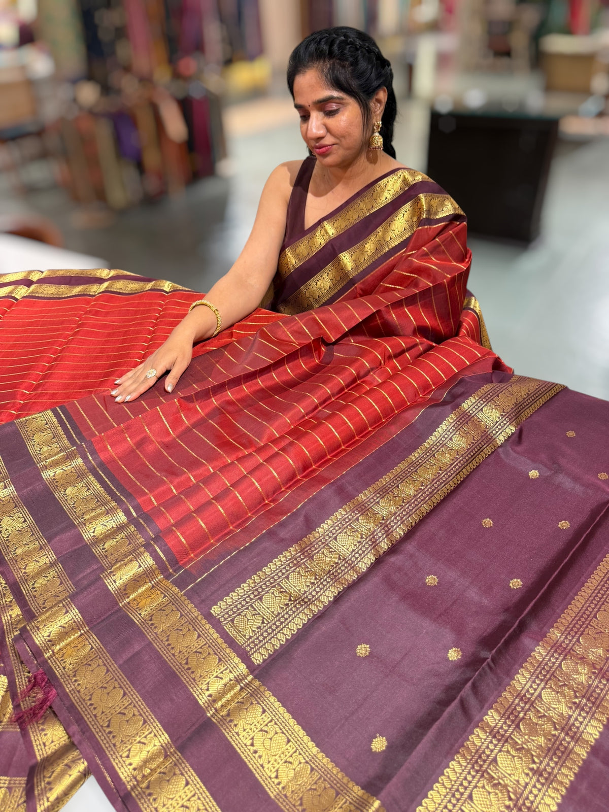 Dark Rust Kanchipuram Vintage striped Saree with gap borders