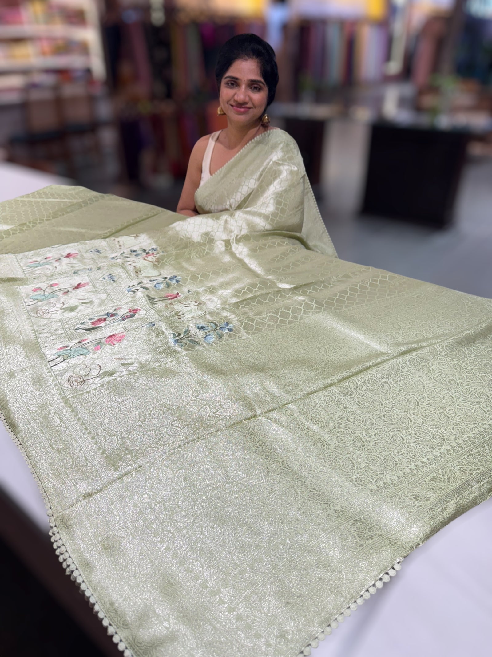 Seagreen Fancy Banarasi Tonchoi style saree with embroidery