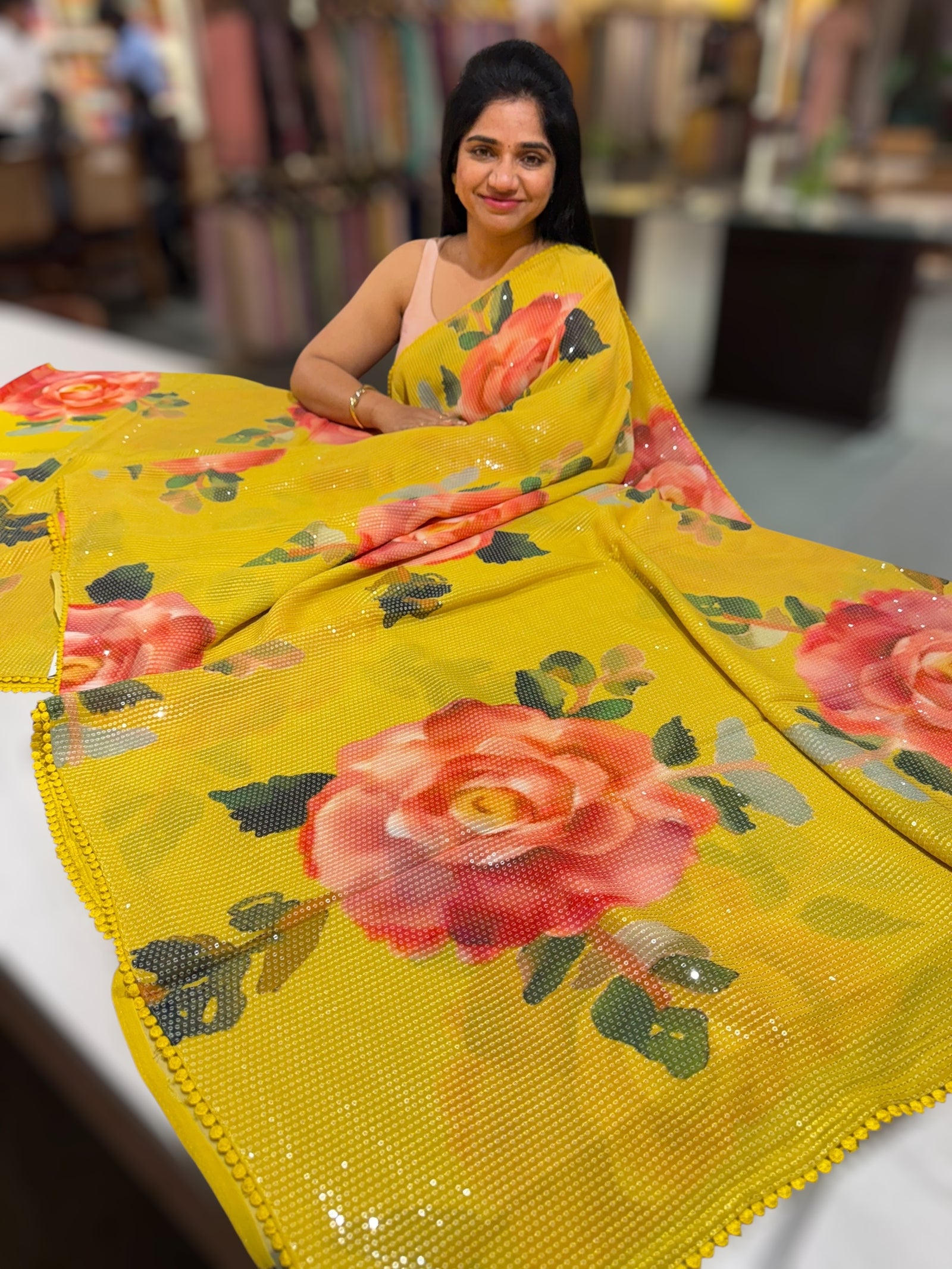 Mango Yellow georgette sequence saree with statement floral print
