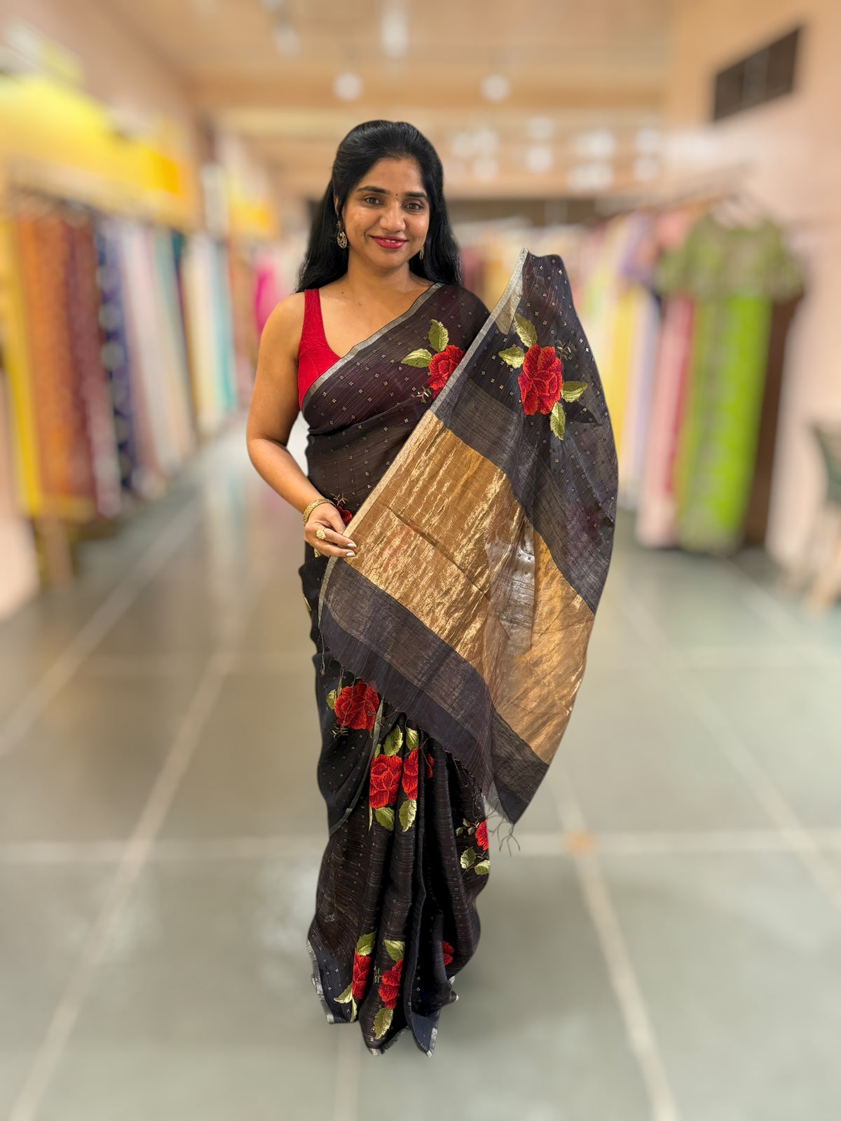 Darkest Midnight Blue Tussar Kota Saree with embedded sequnce and hibuscus flower embroidery