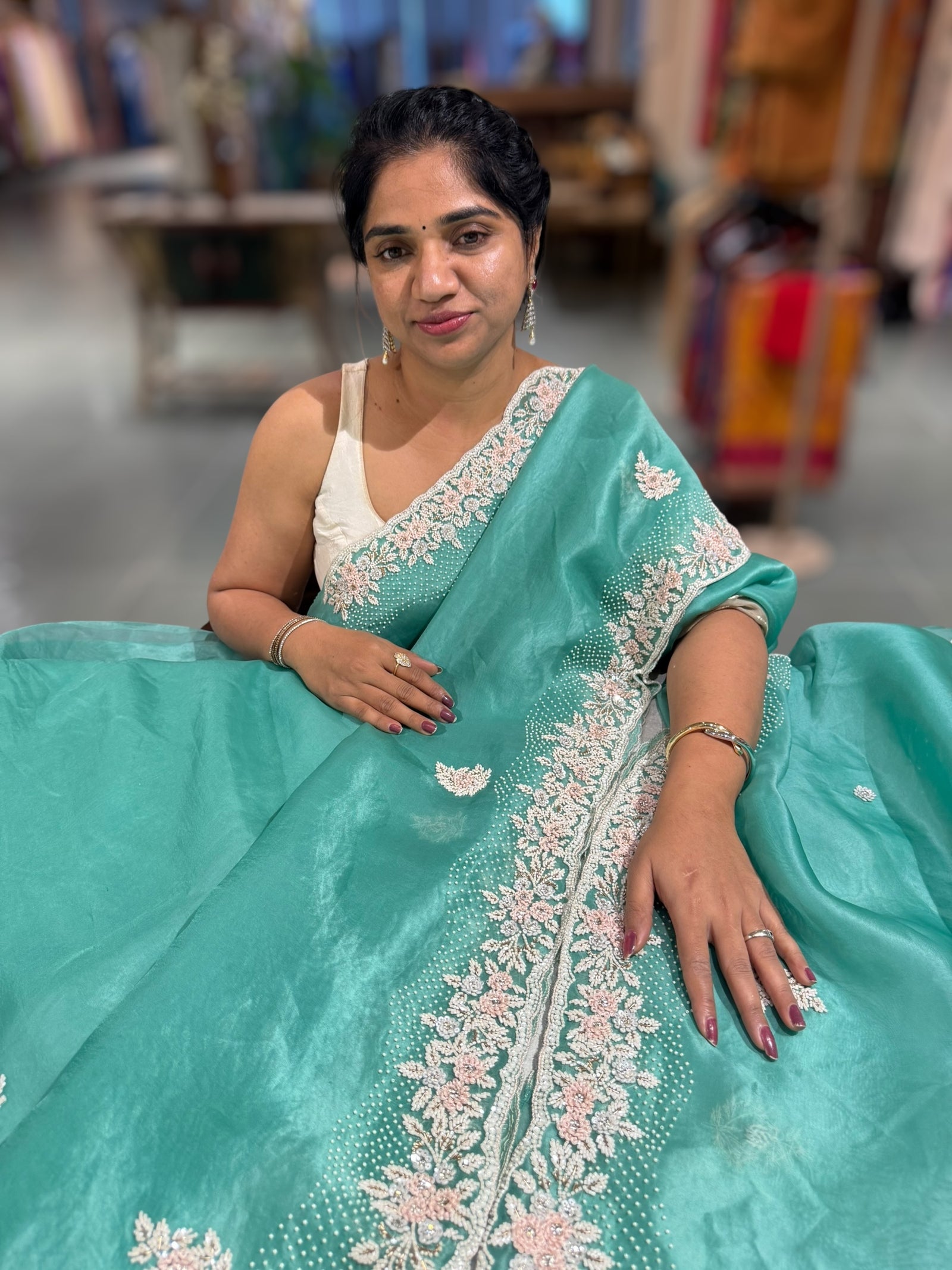 Sea Organza heavy handwork saree with ready to wear blouse