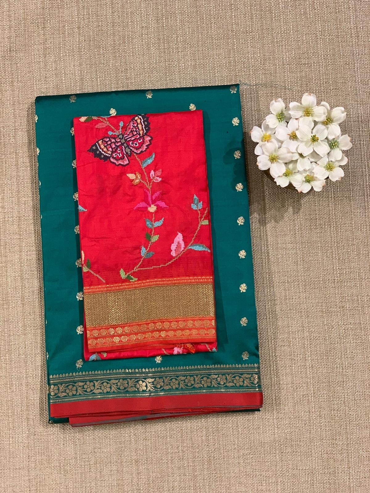 Banarasi Katan Silk Saree With Petite Point Embroidered Silk Blouse
