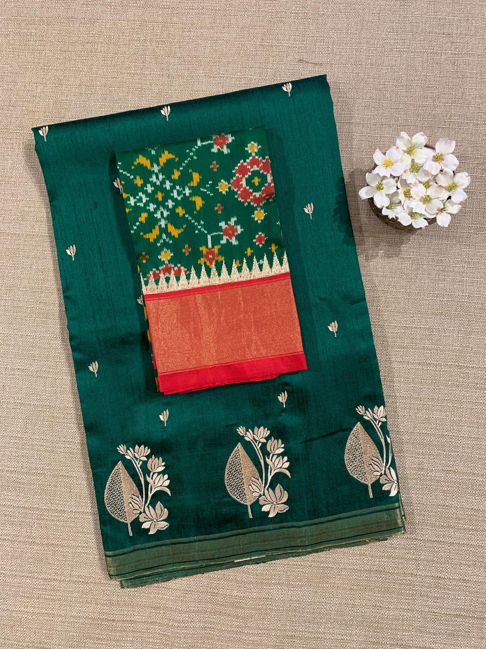 Bottle Green Pure Handloom Raw Silk Saree