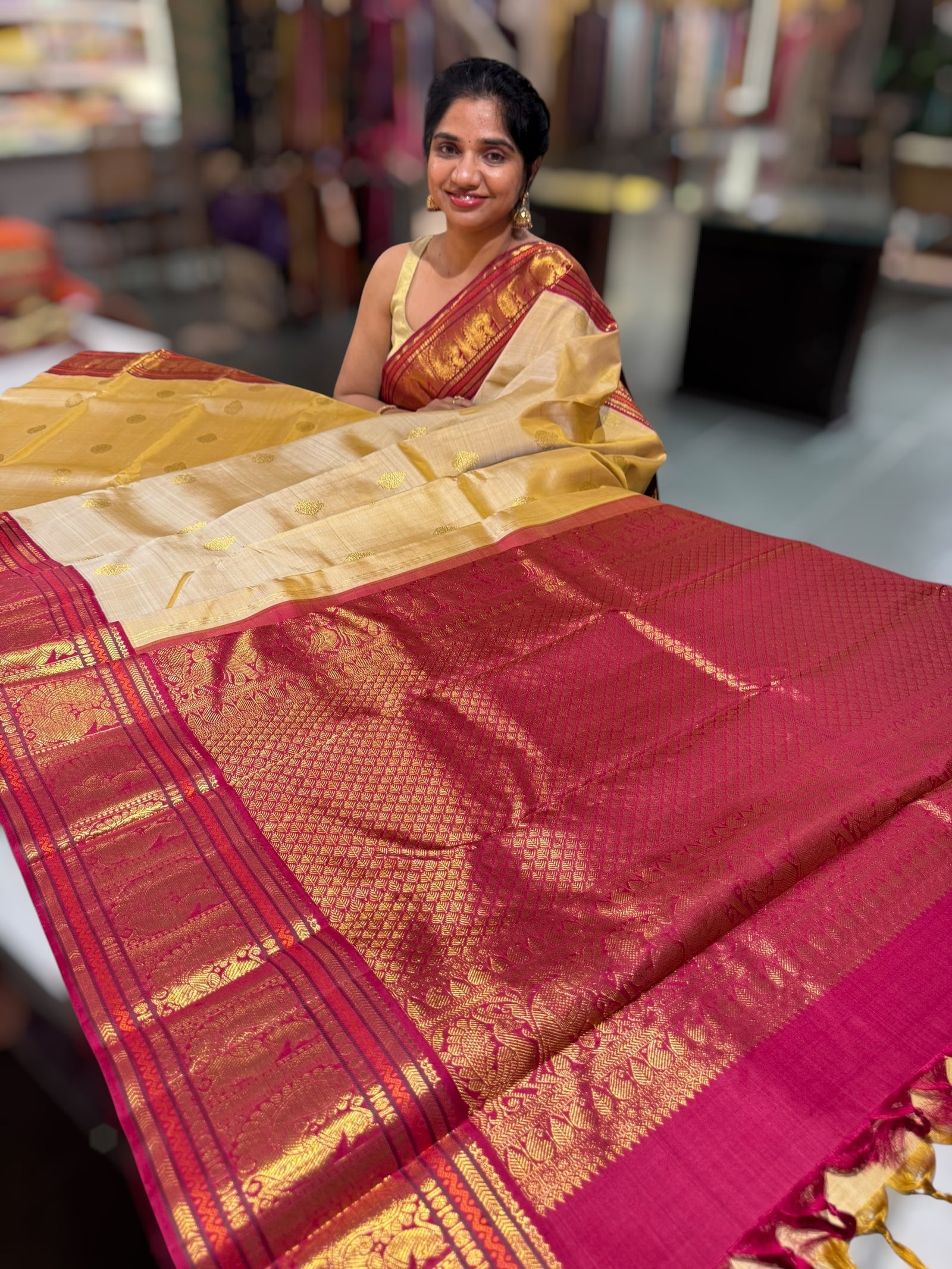 Beige Gold and Ruby Pink Combo Kanchi Vintage Saree